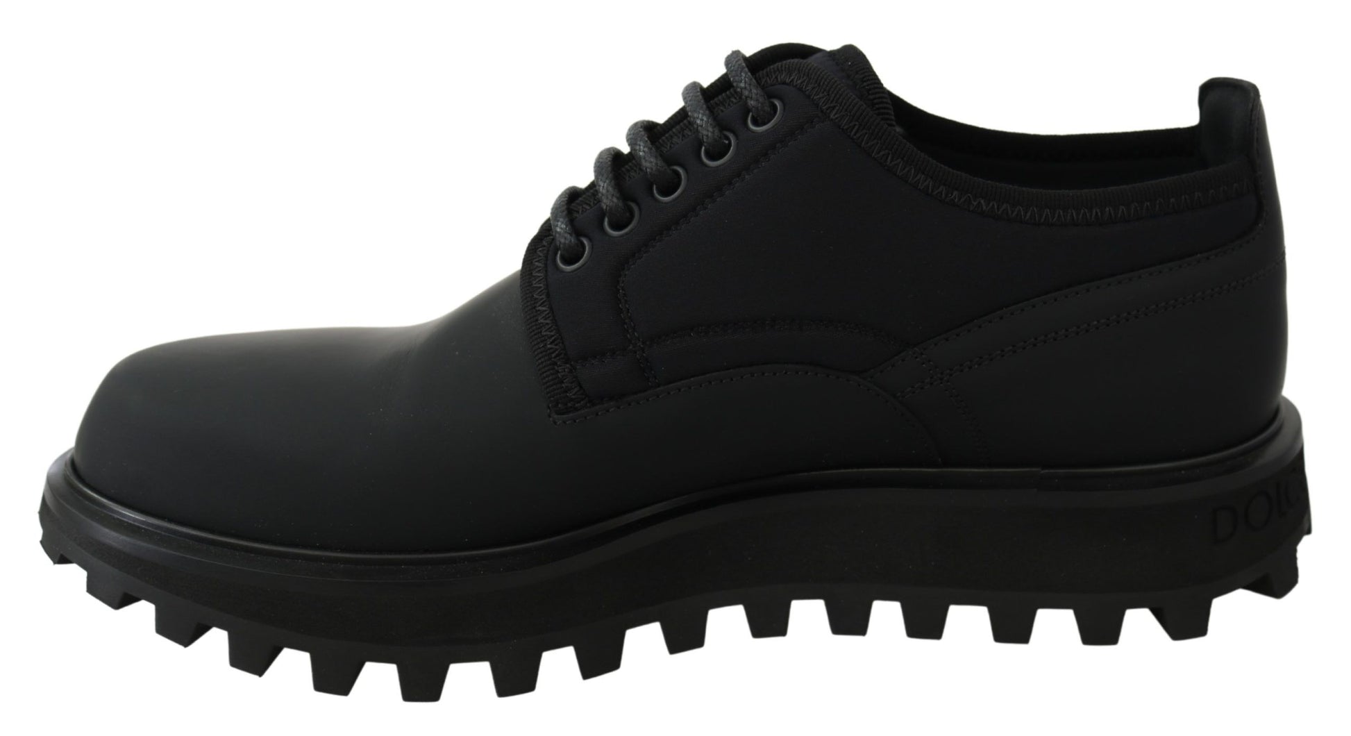 Black lace-up work boot with rubber sole and toe cap