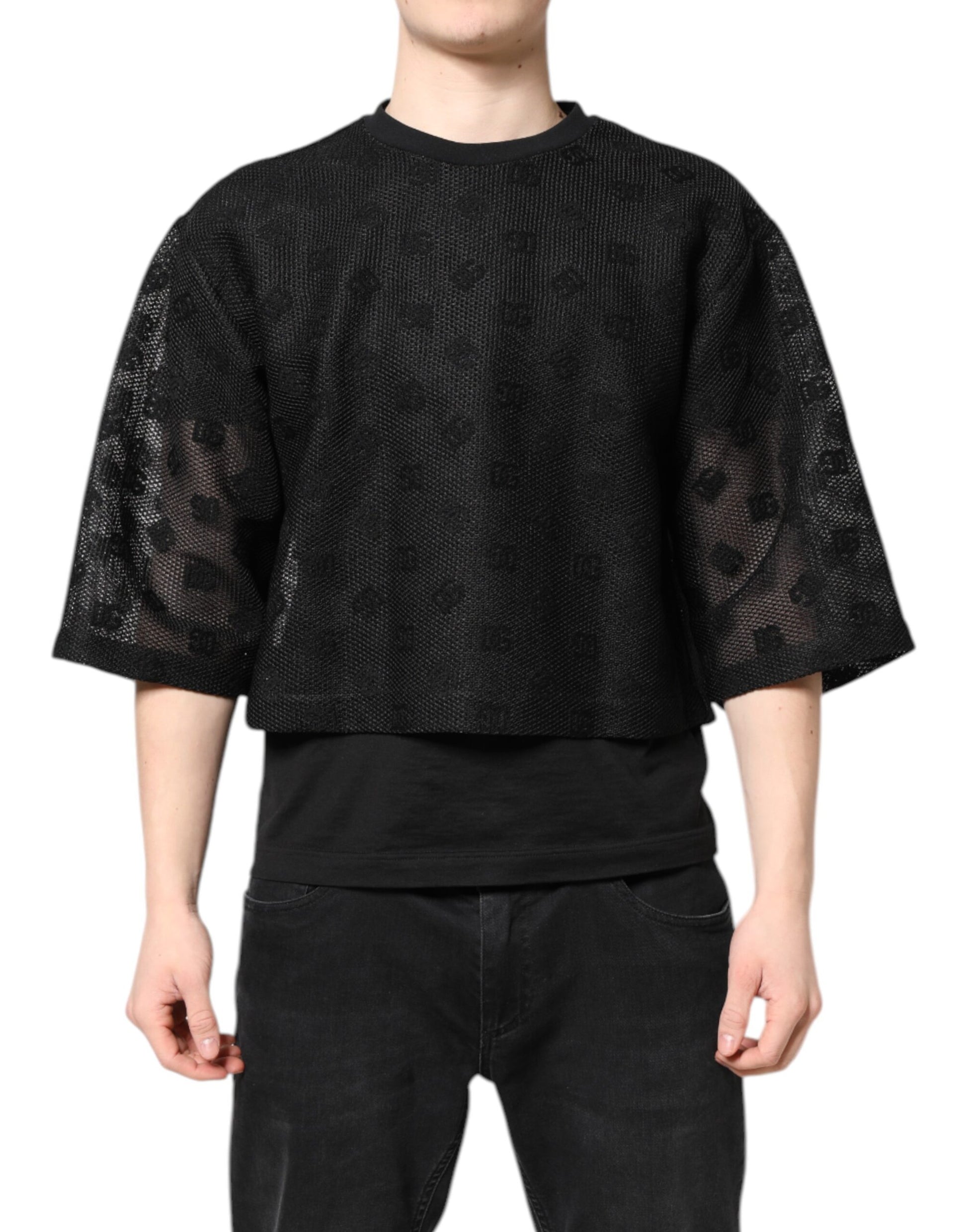 Black cropped sweater with lace detailing
