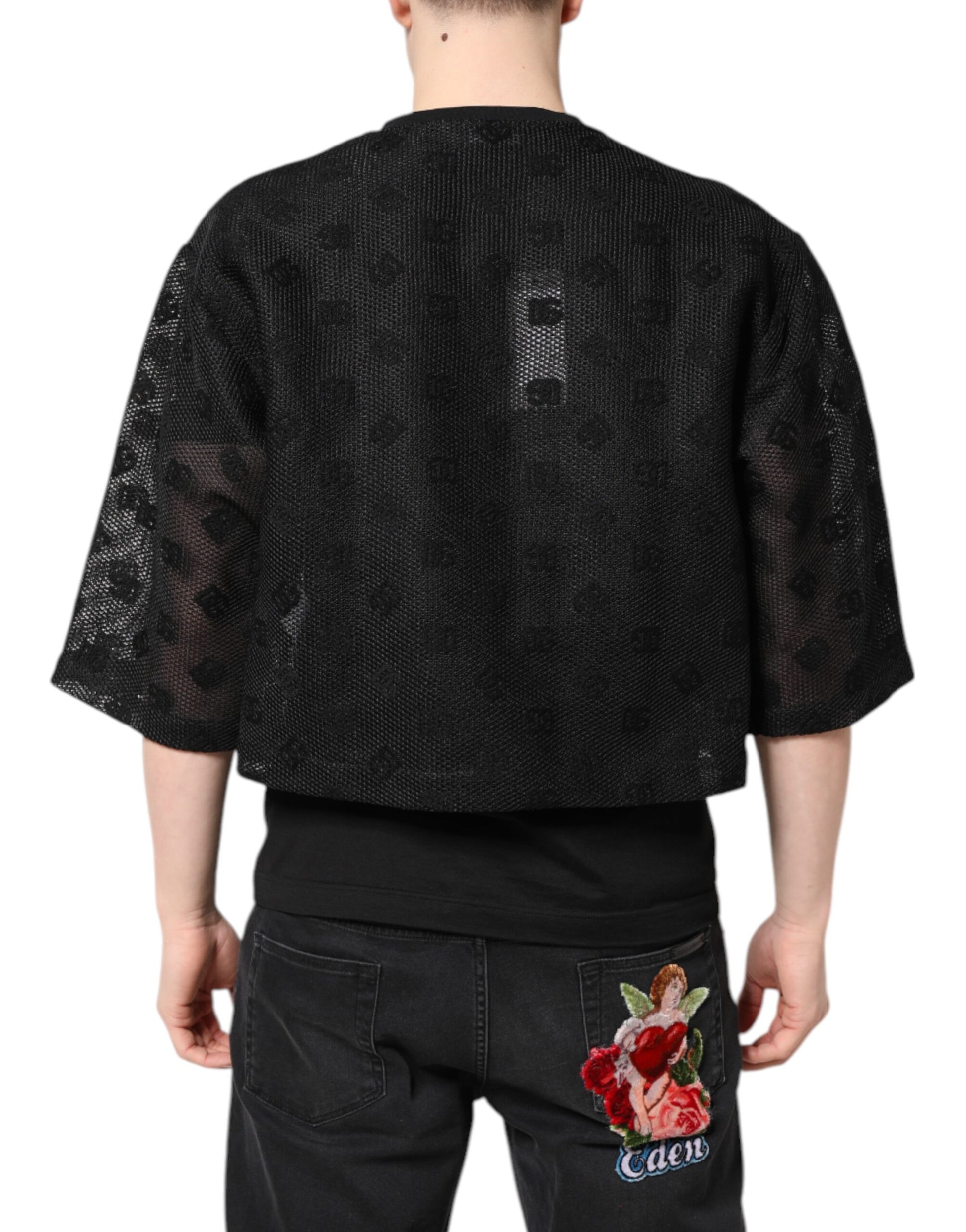 Black cropped sweater with lace back detail