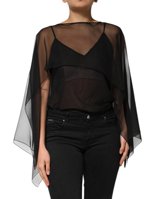 Black sheer long sleeve top with ruffled hem