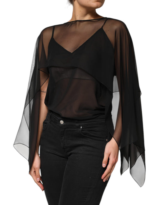 Black long sleeve top with sheer lace panels on shoulders