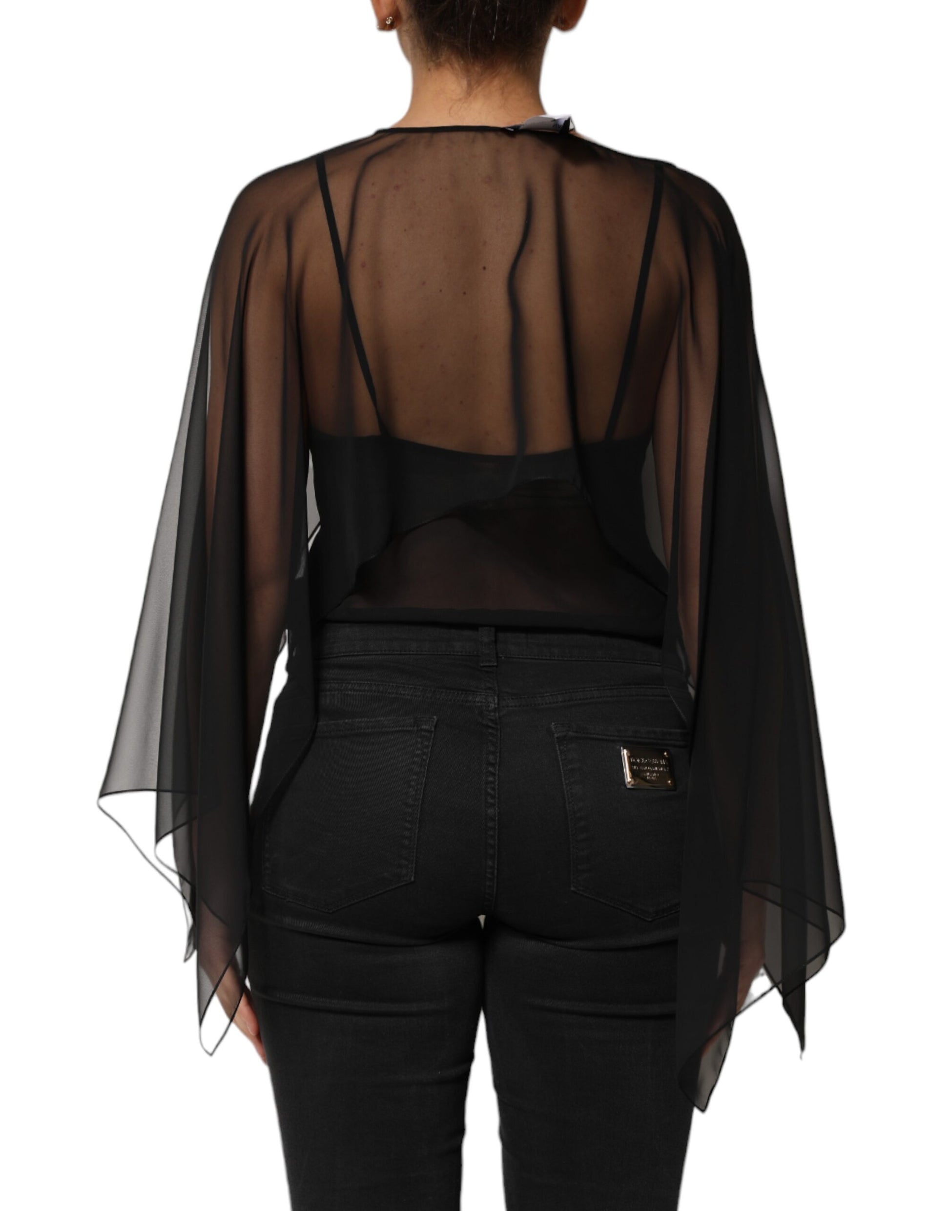 Black sheer backless top with long sleeves