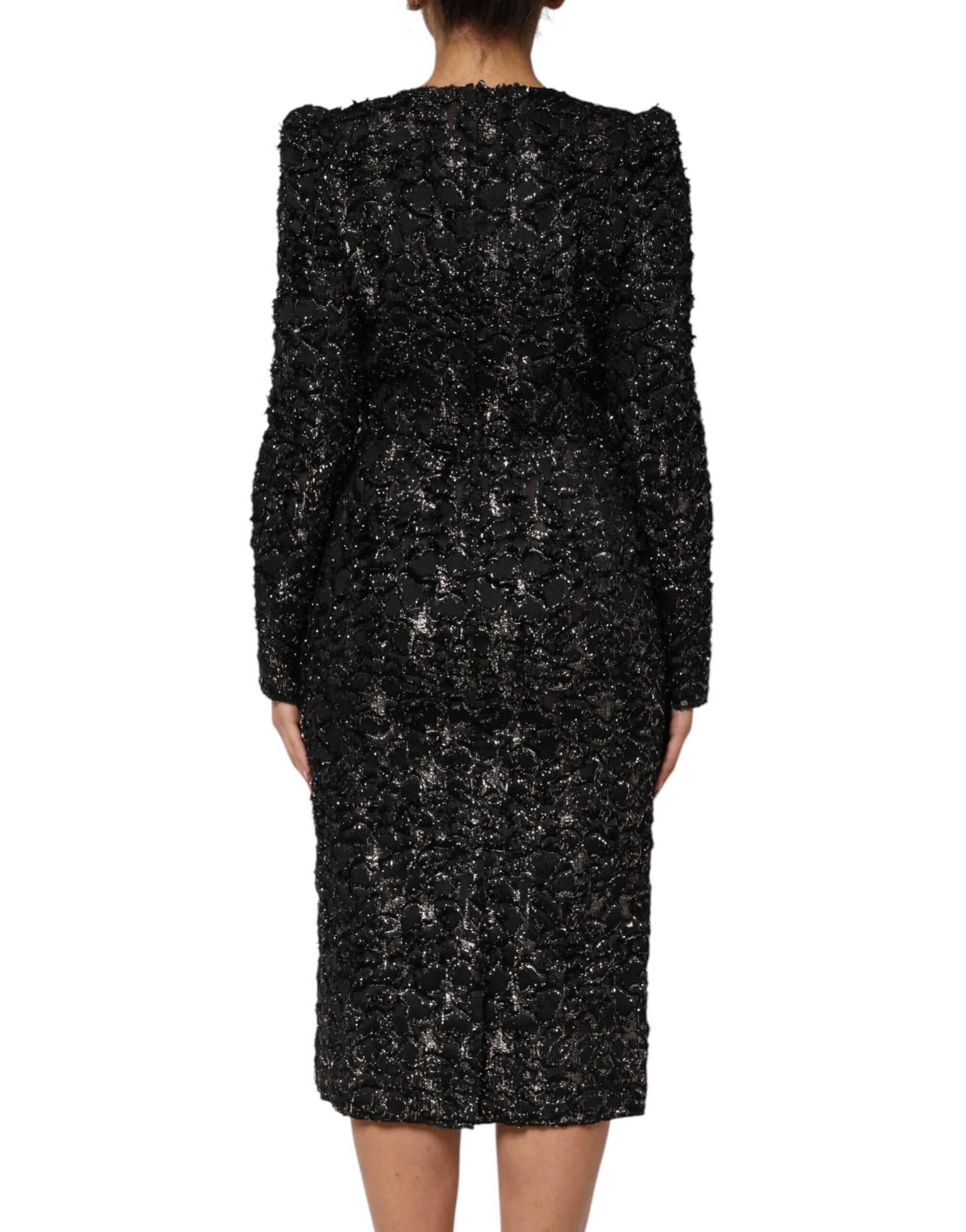 A black sequin bouclé tweed sheath dress