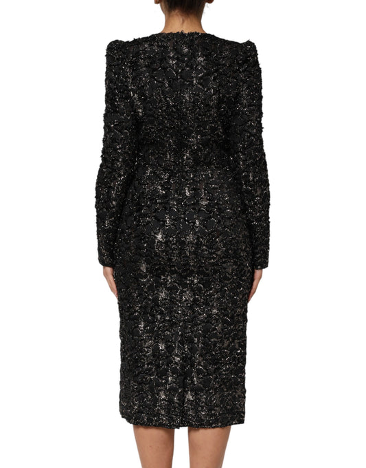 A black sequin bouclé tweed sheath dress