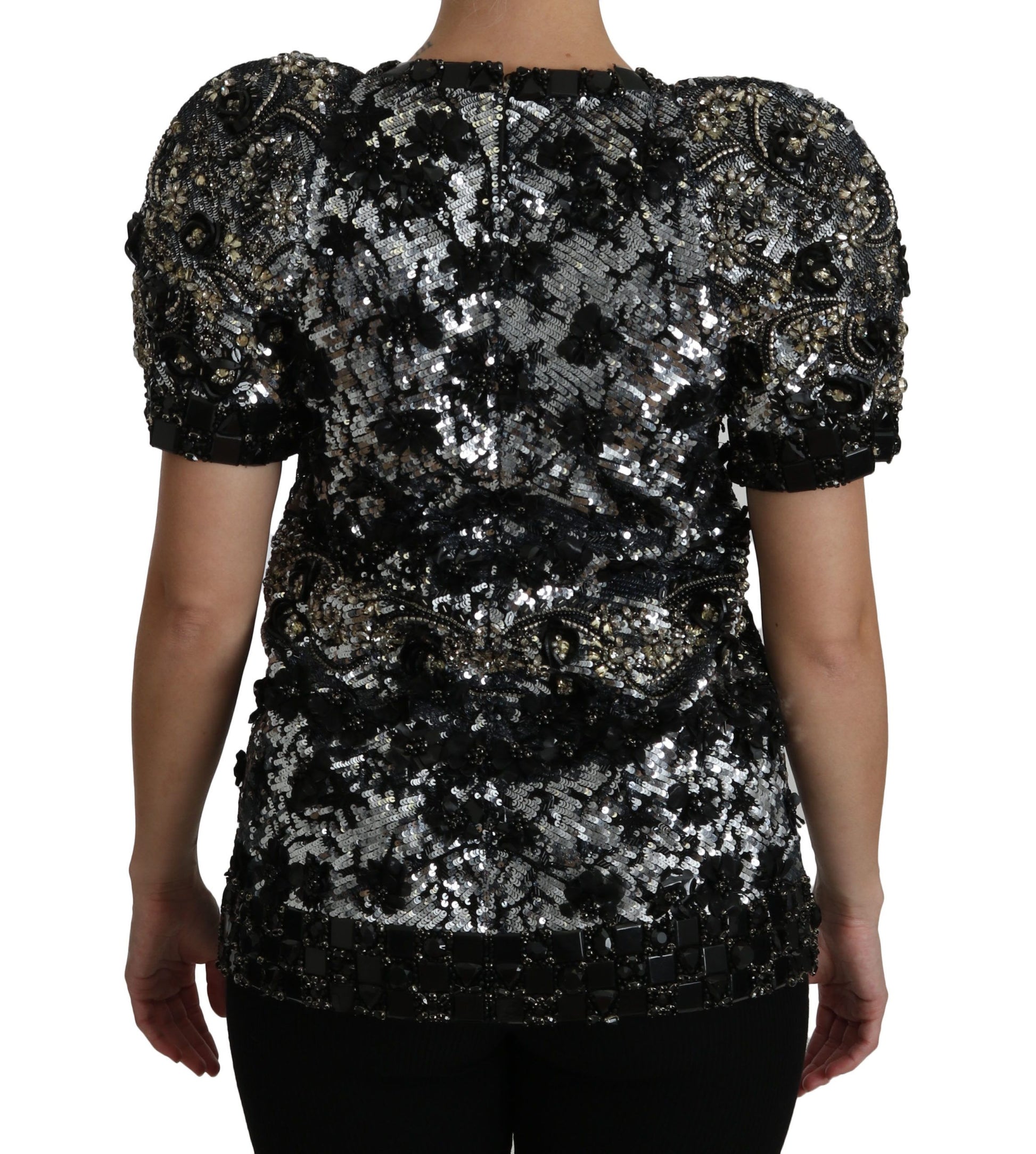 Black sequined top with puffed shoulders