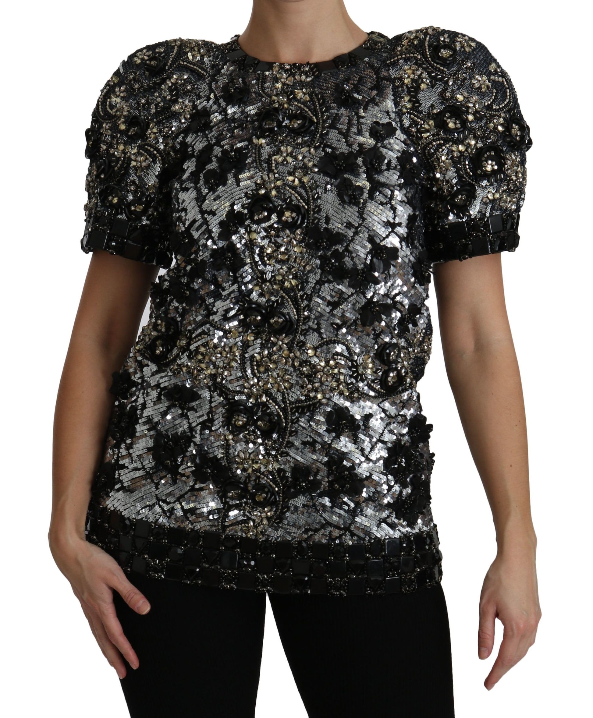 Black sequined top with puffed shoulders
