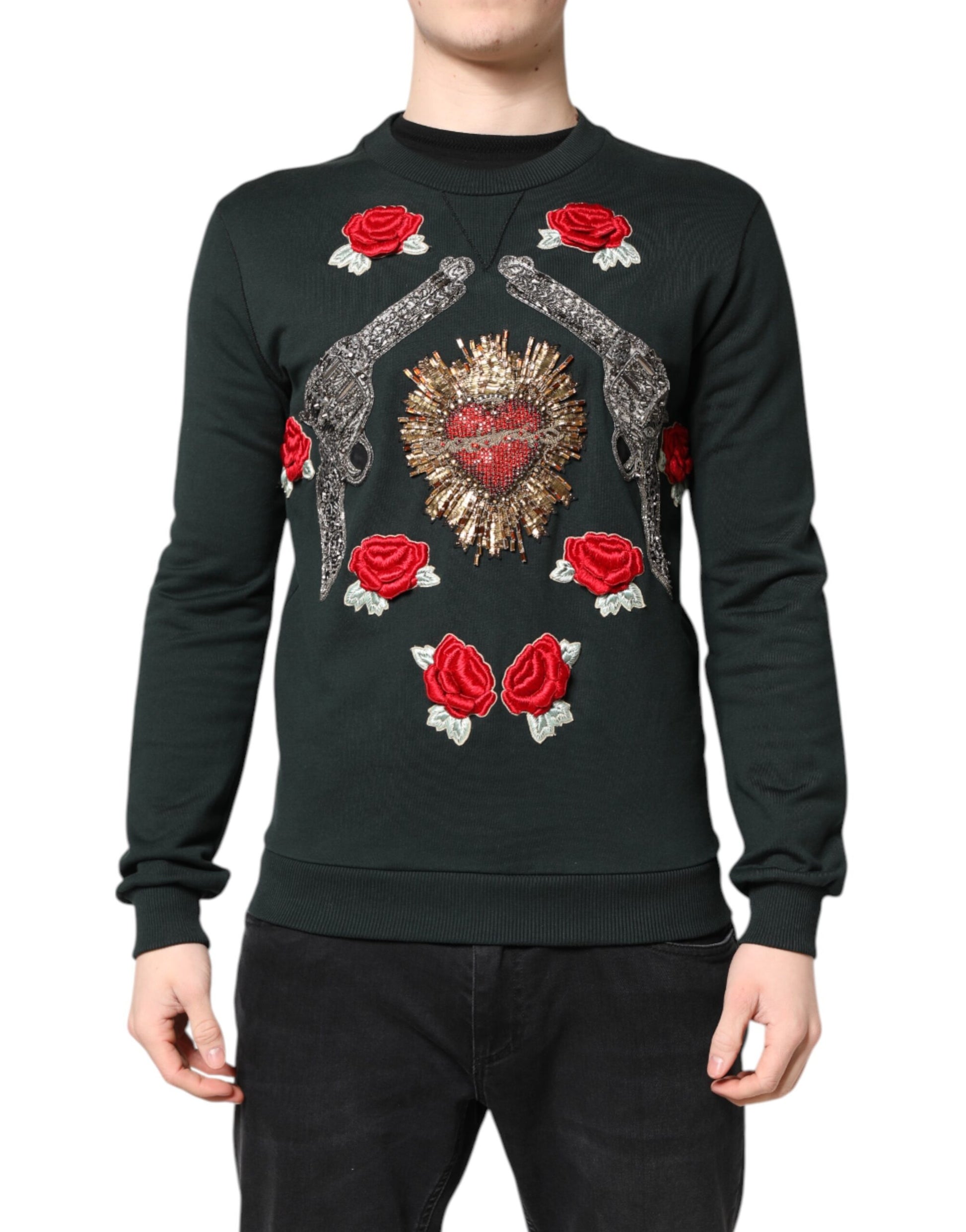 Black sweater with red roses and gold accents