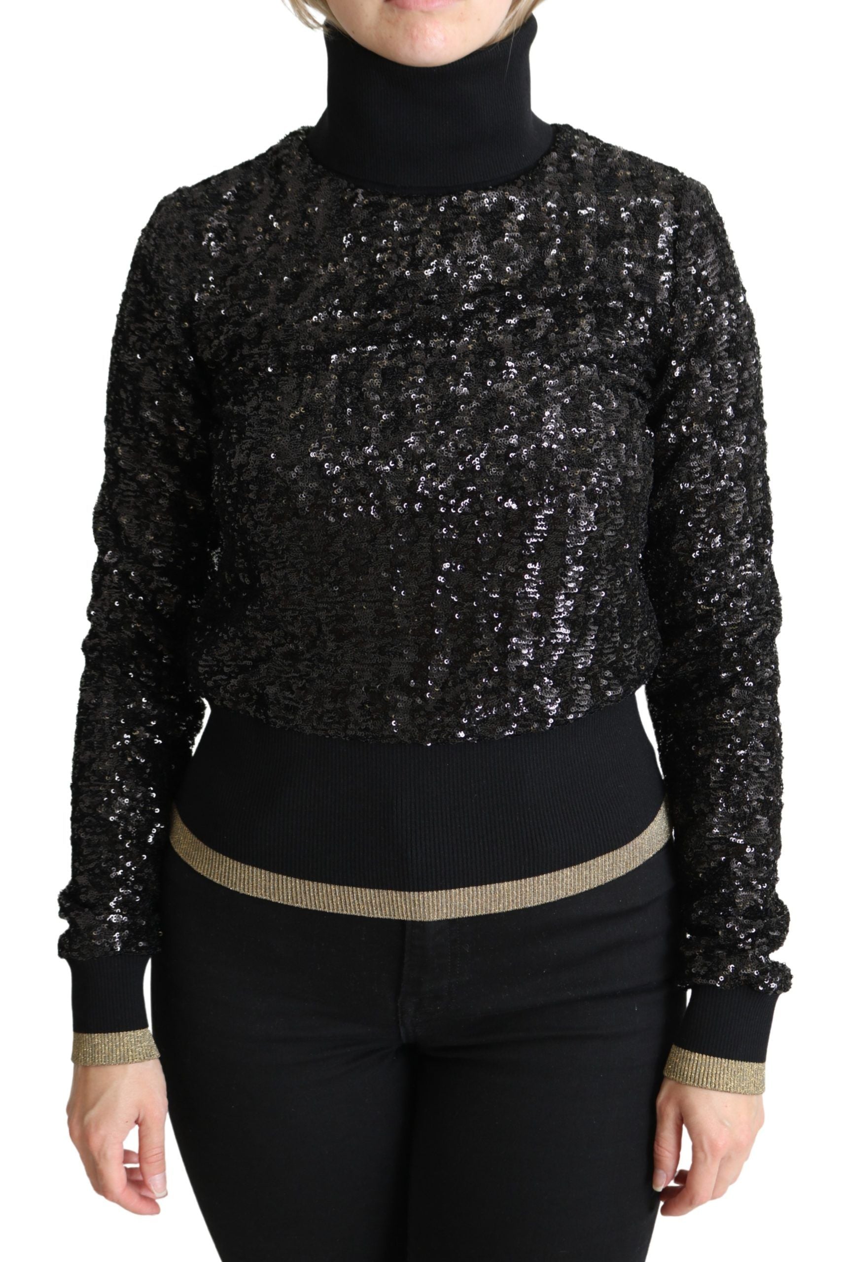 Black sequined long sleeve top with a high neckline