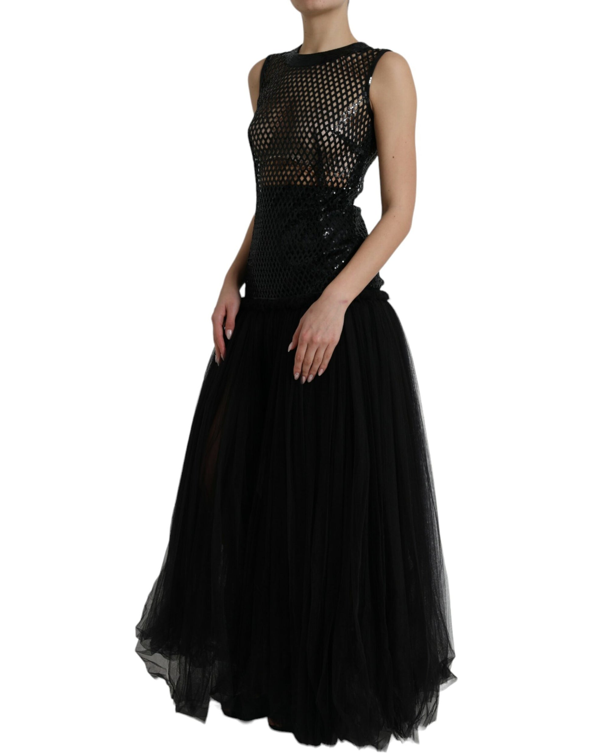 A black sequined sleeveless mesh layered gown dress