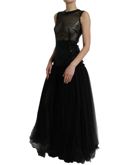 A black sequined sleeveless mesh layered gown dress