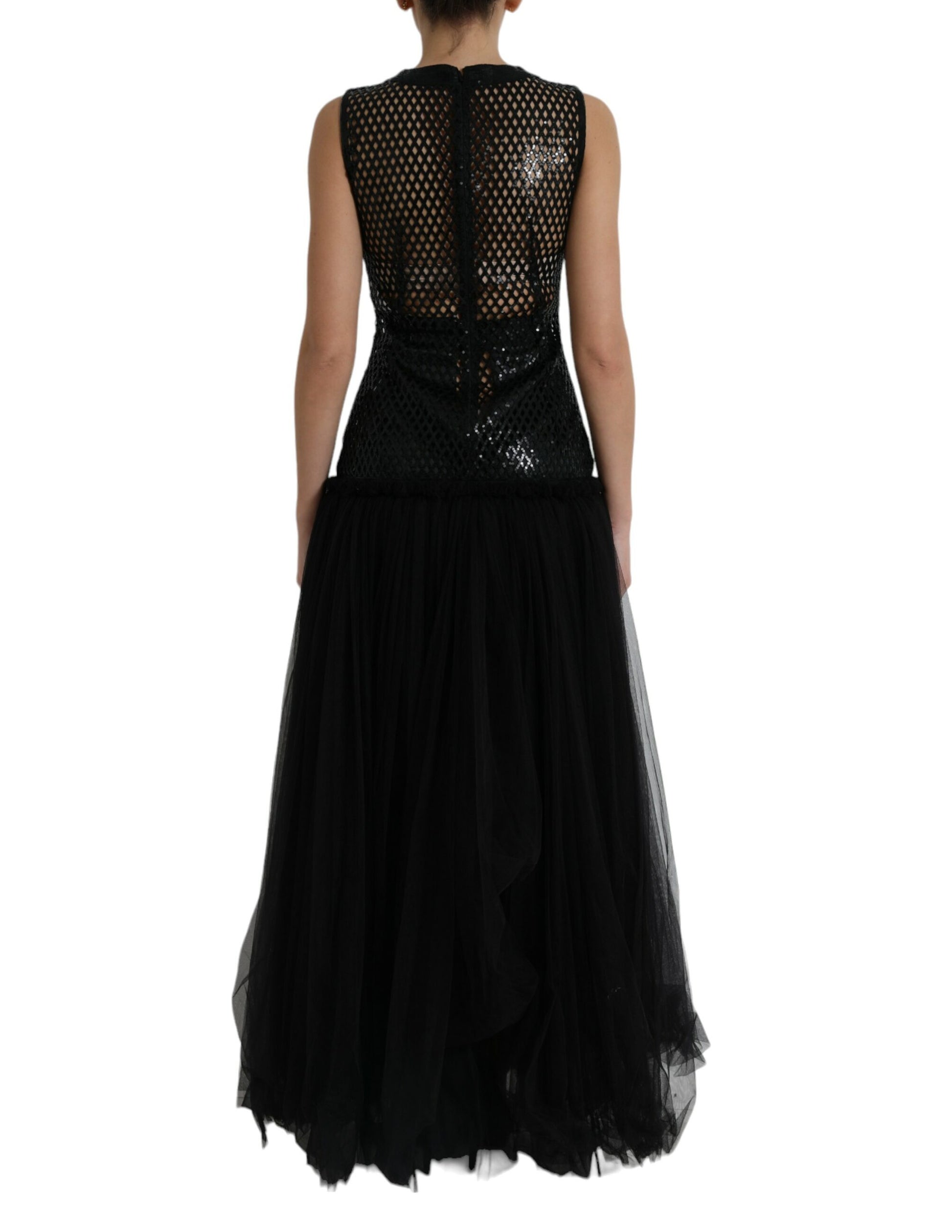 A black sequined mesh layered gown dress with a sleeveless design