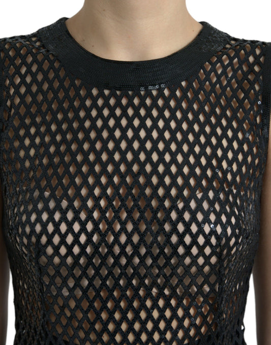 A black sequined mesh layered gown dress with a deep neckline