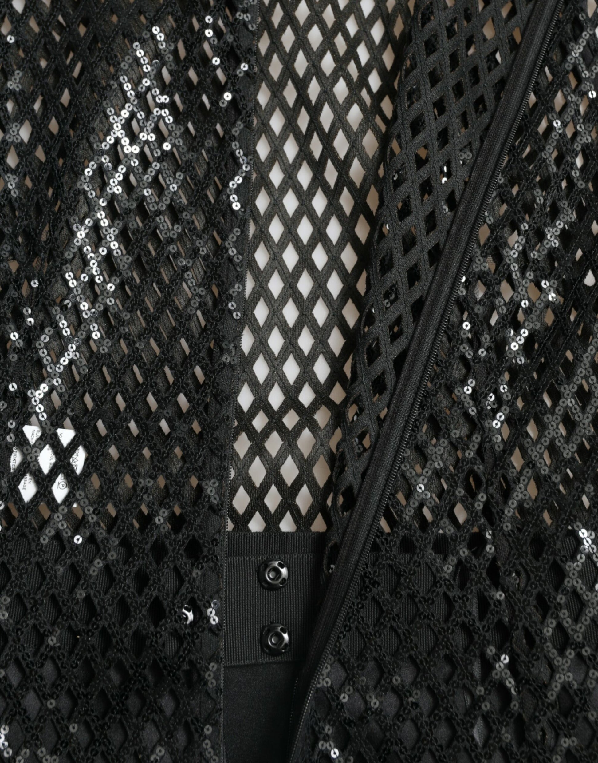 A black sequined mesh sleeveless gown dress with layered design
