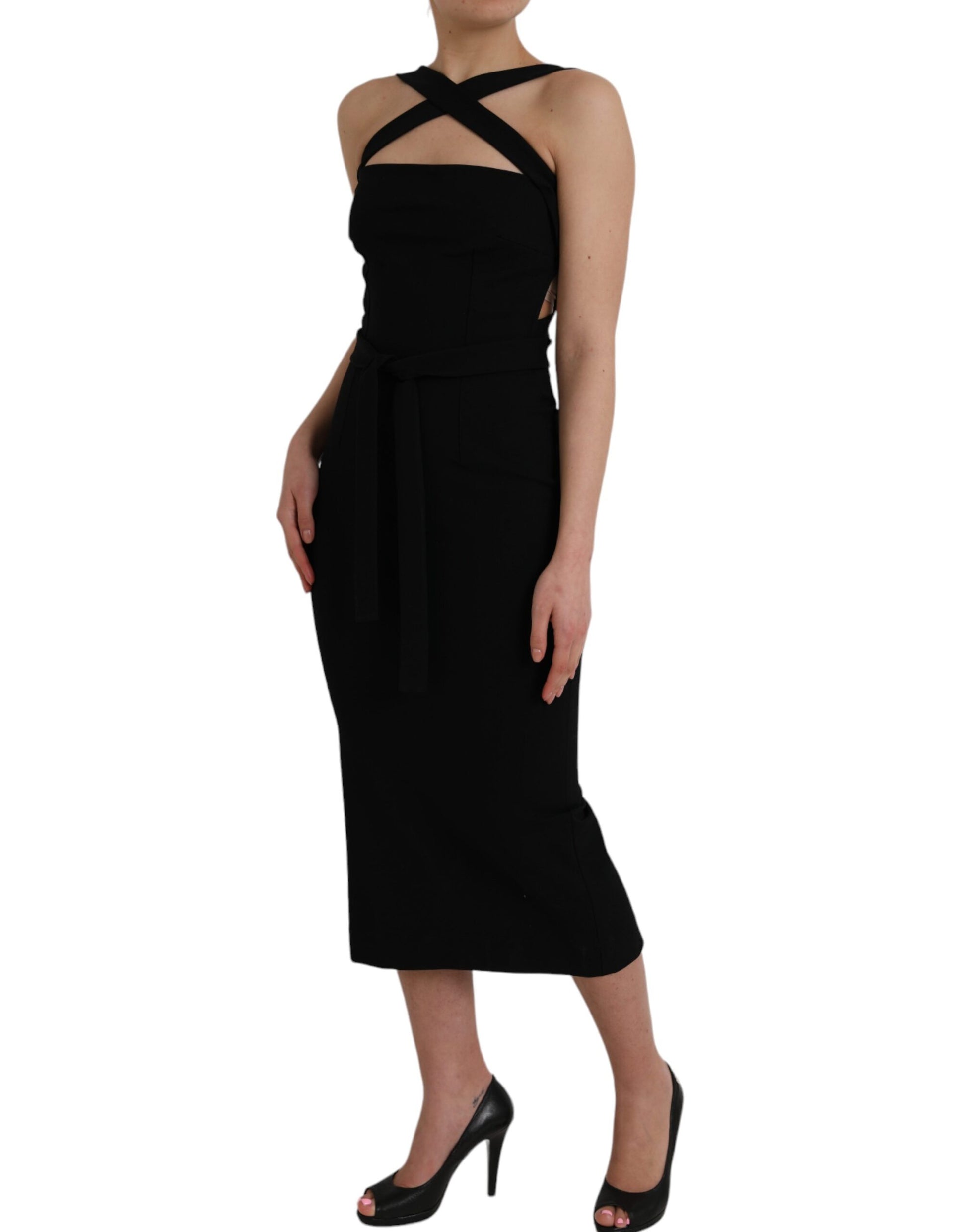 A black sheath halter sleeveless midi dress by Dolce & Gabbana