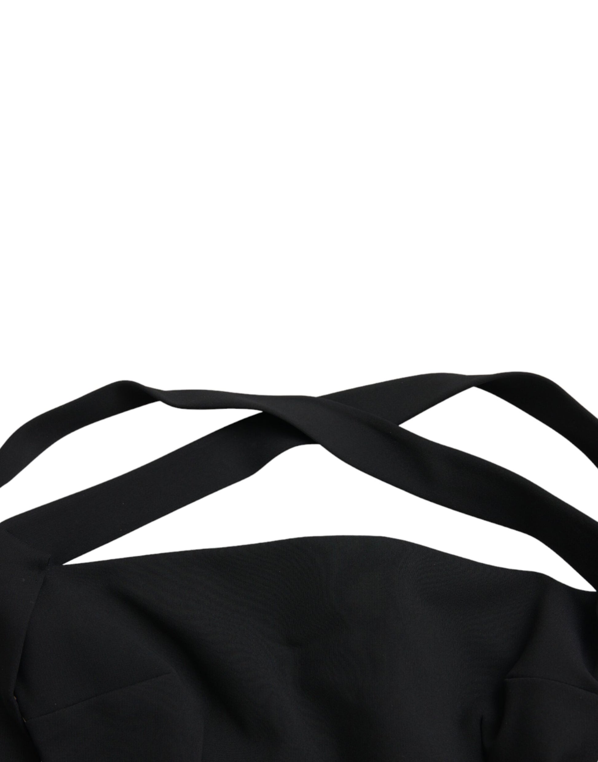 A black sheath halter sleeveless midi dress with a ruched texture