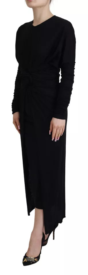 A black midi dress with a wrap style, featuring a wool fabric and a sheath silhouette