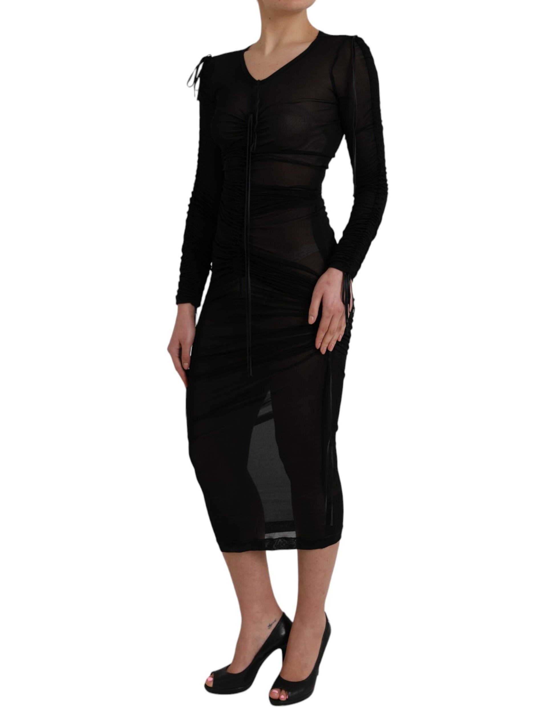 A black sheer bodycon midi dress with a fitted silhouette and short sleeves