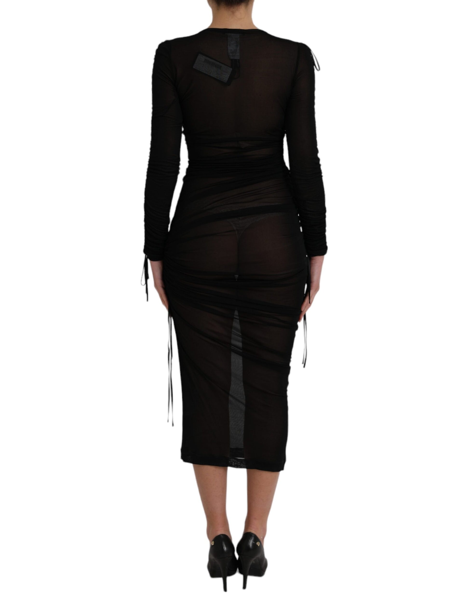 A black sheer bodycon midi dress with a high neckline and long sleeves