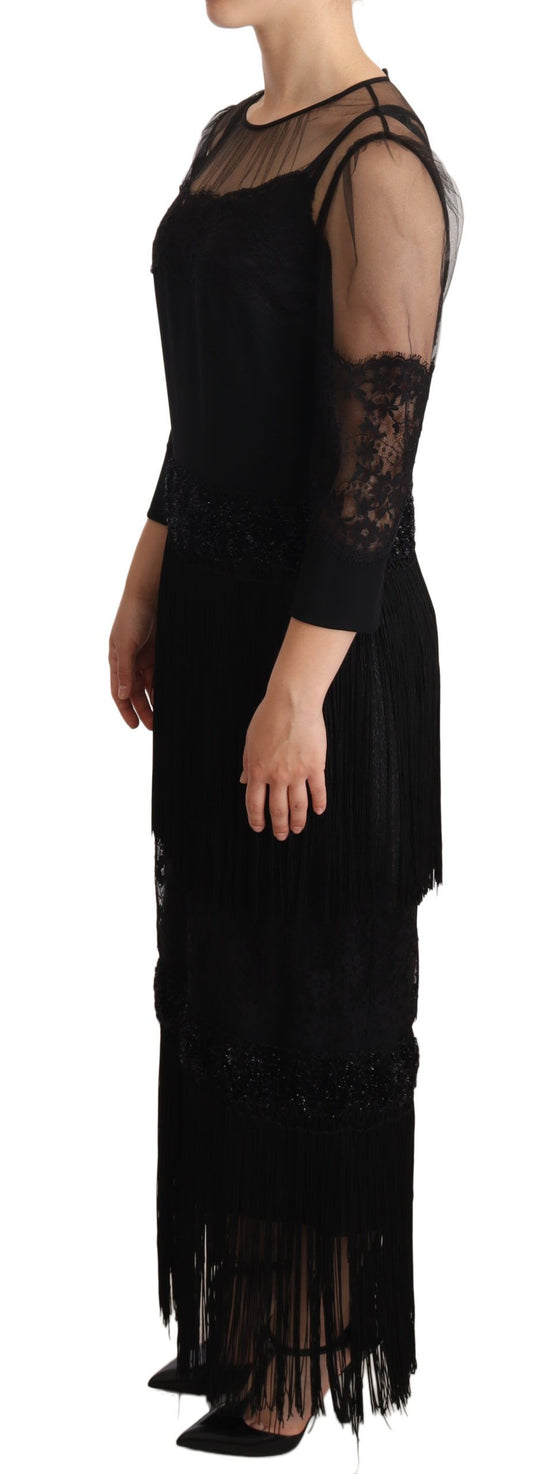 A black sheer floral lace crystal maxi dress with long sleeves