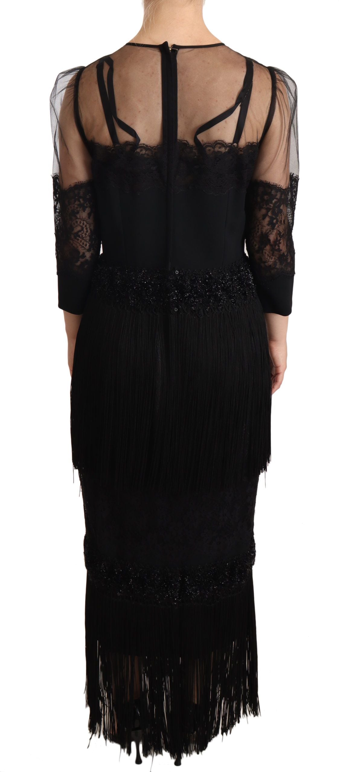 A black sheer lace crystal maxi dress with fringe details