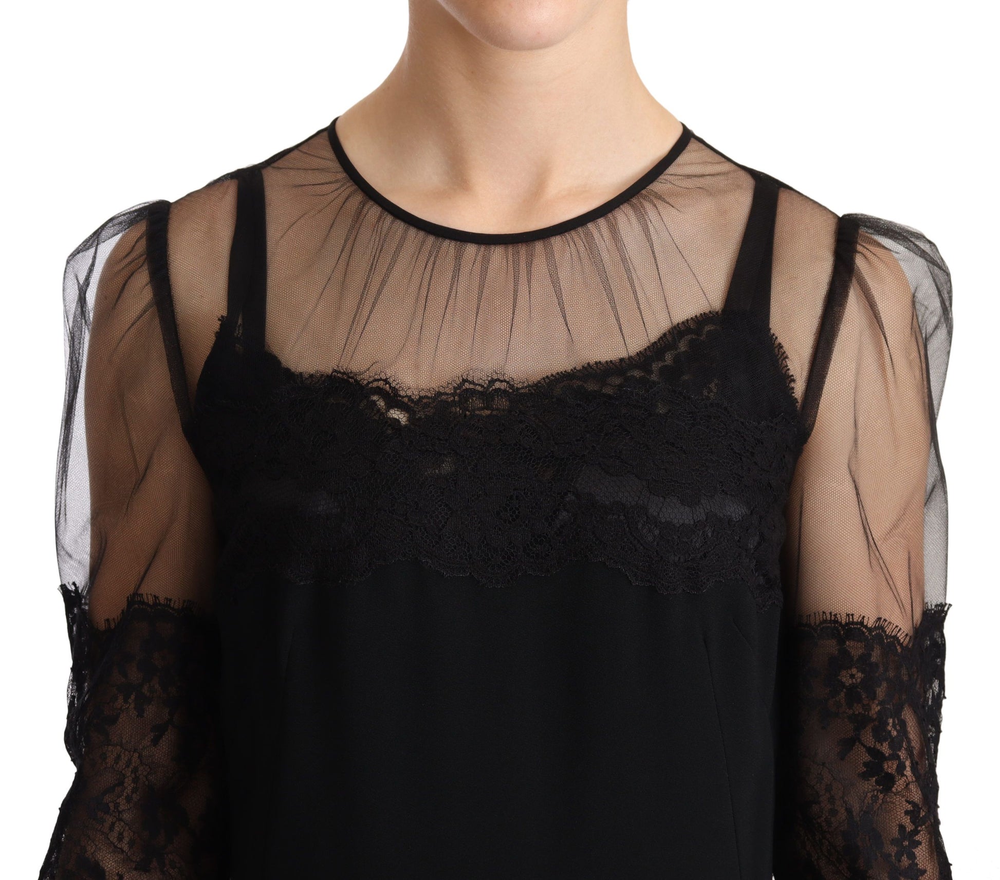A black sheer floral lace crystal maxi dress with long sleeves