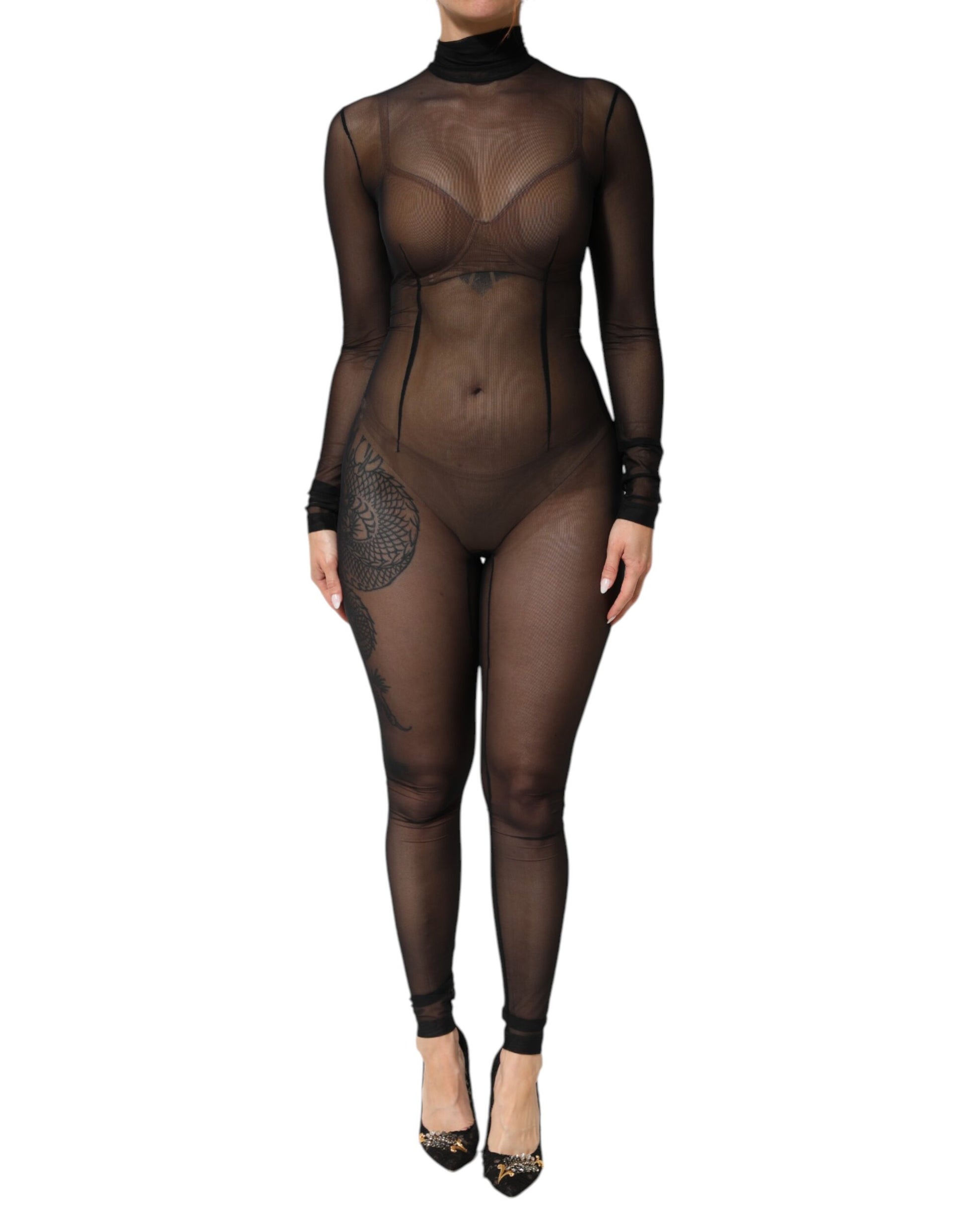A black sheer mesh long sleeve jumpsuit with a body-skimming fit