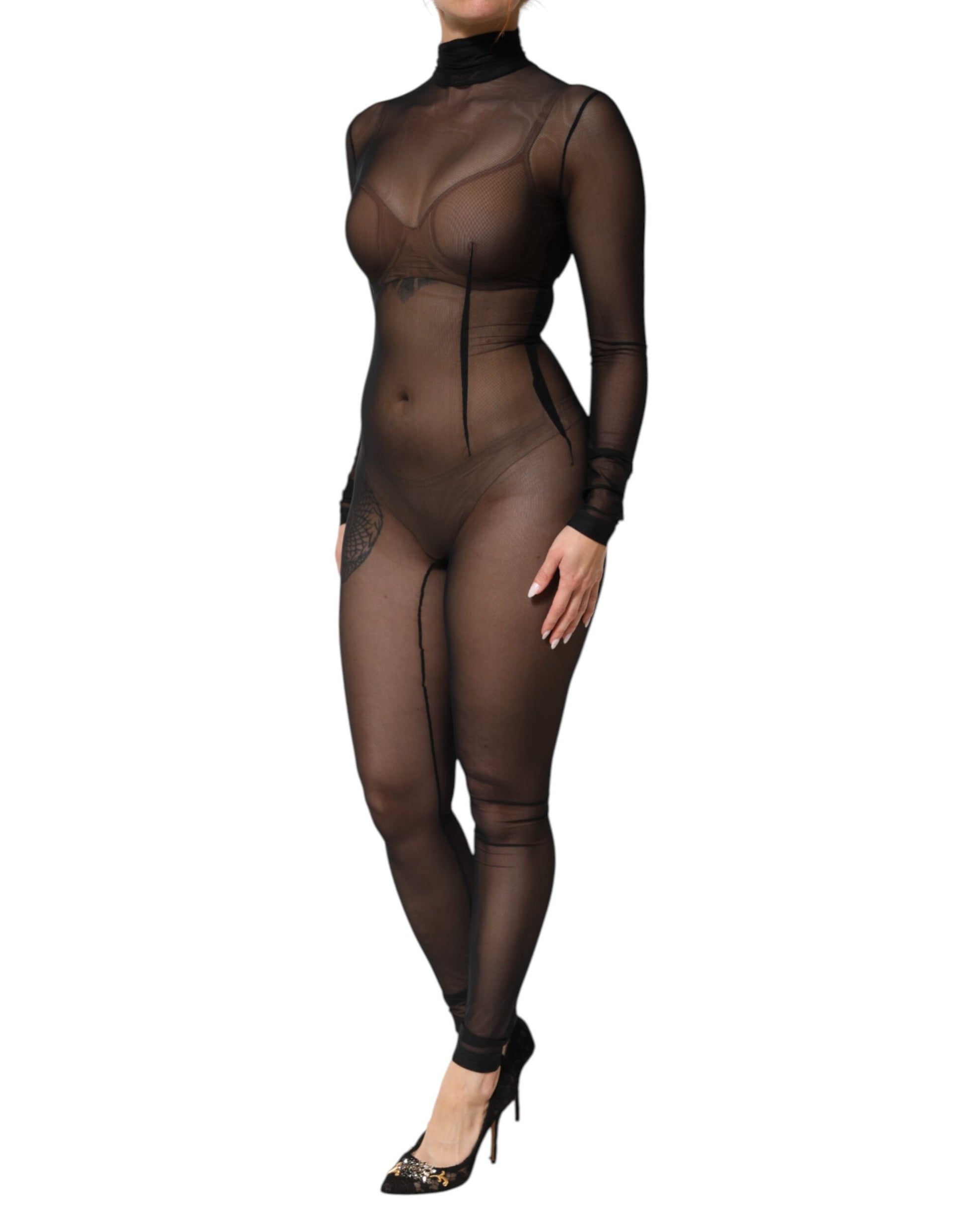 A black sheer mesh long sleeve jumpsuit dress