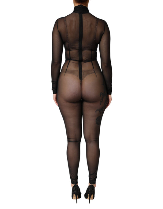A black sheer mesh long sleeve jumpsuit bodysuit dress