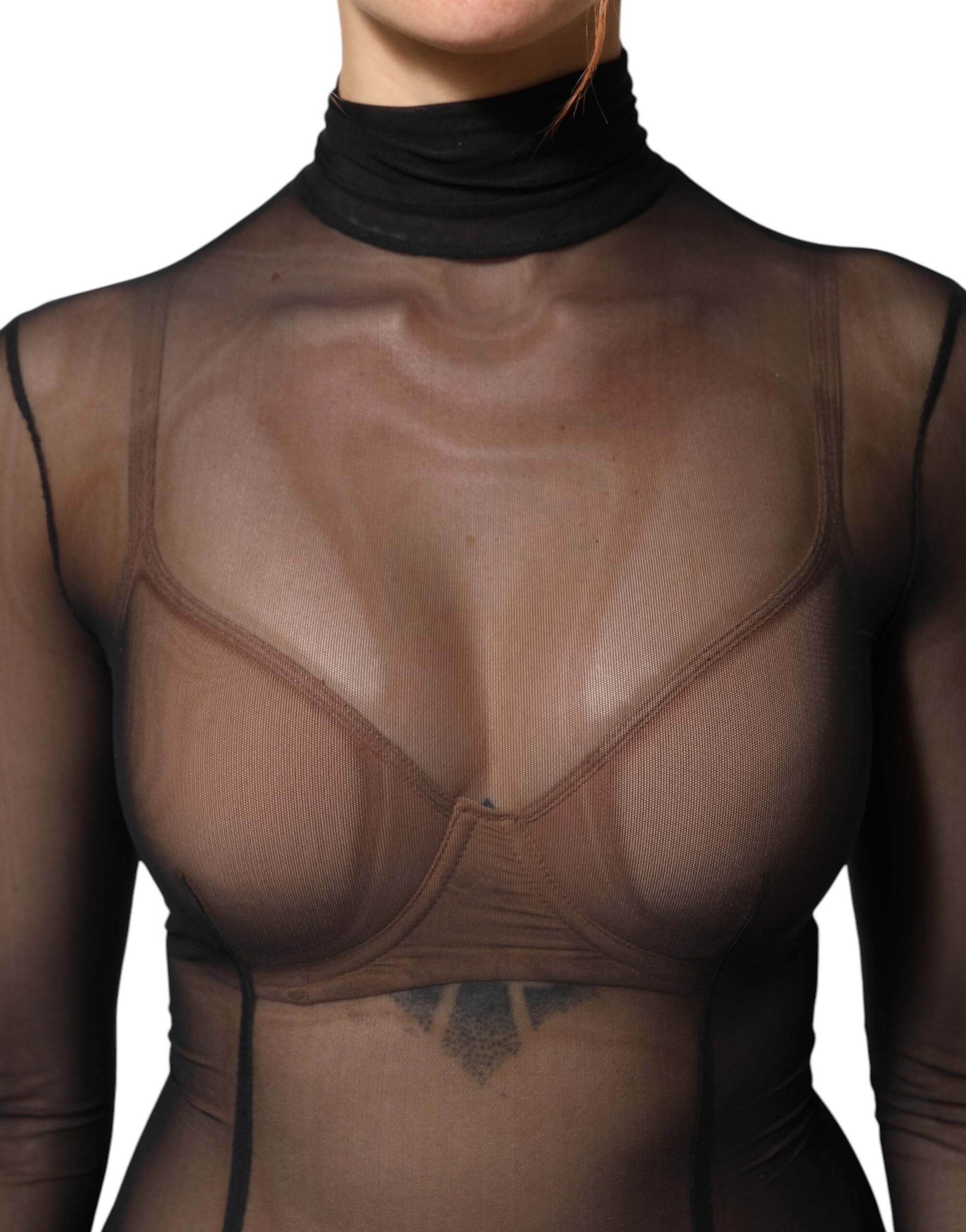A black sheer mesh long sleeve jumpsuit bodysuit dress
