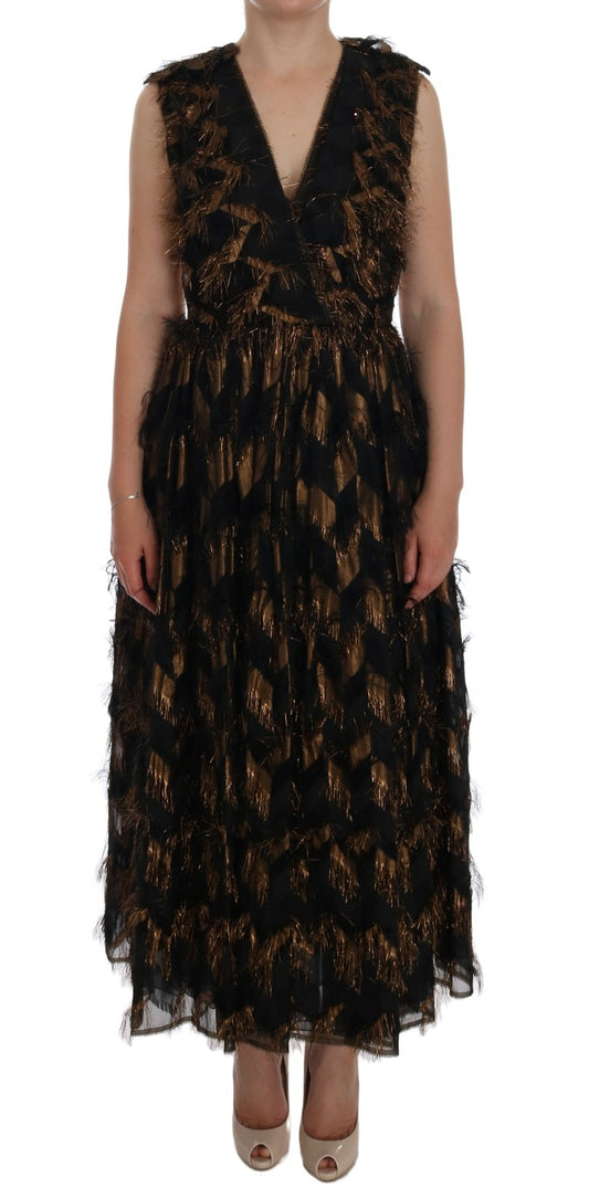 Long black dress with ruffles on sleeves and hem