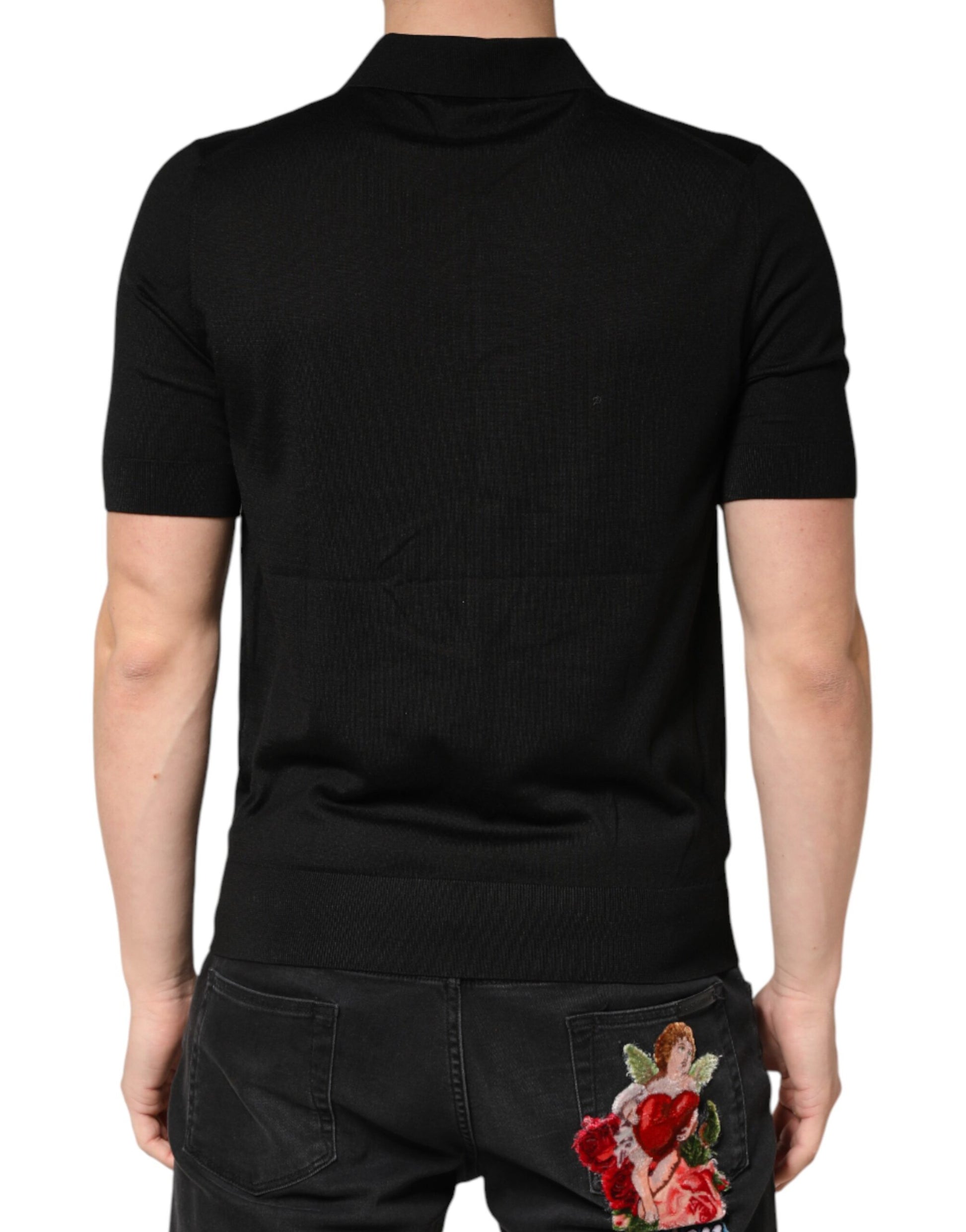 Black polo shirt with horizontal stripes on back