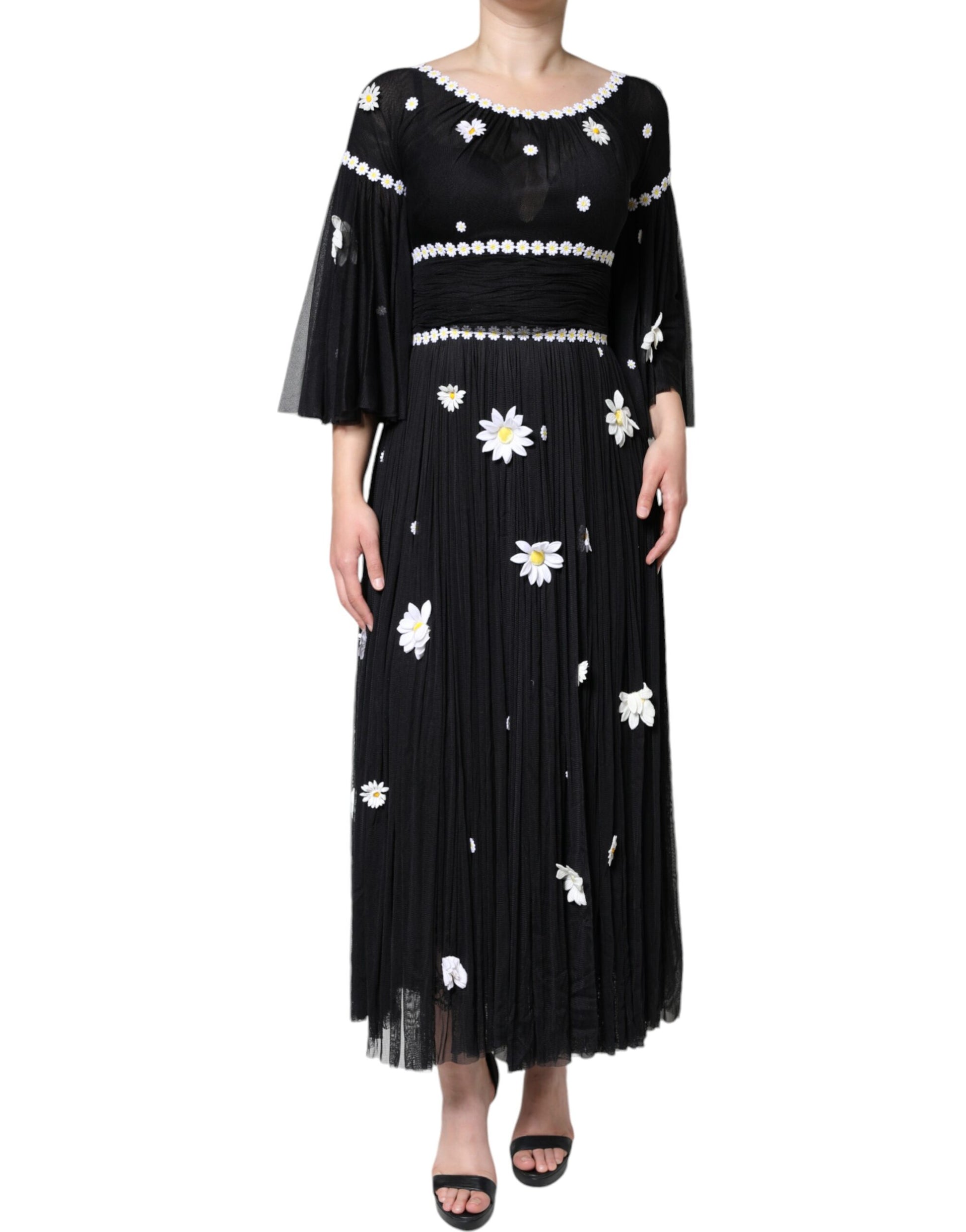 Black silk dress with daisy print and fringe details