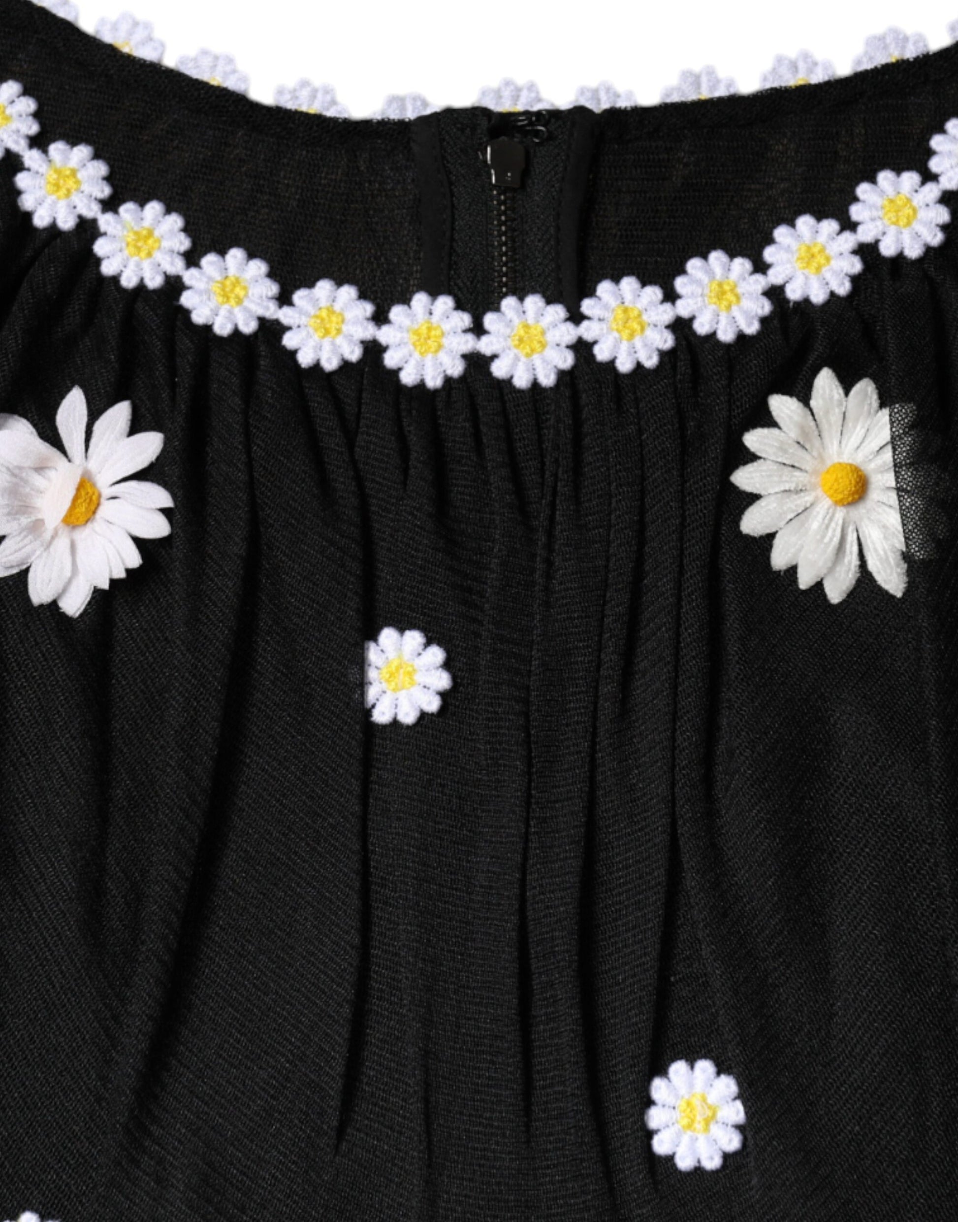 Black silk dress with daisies and zippers