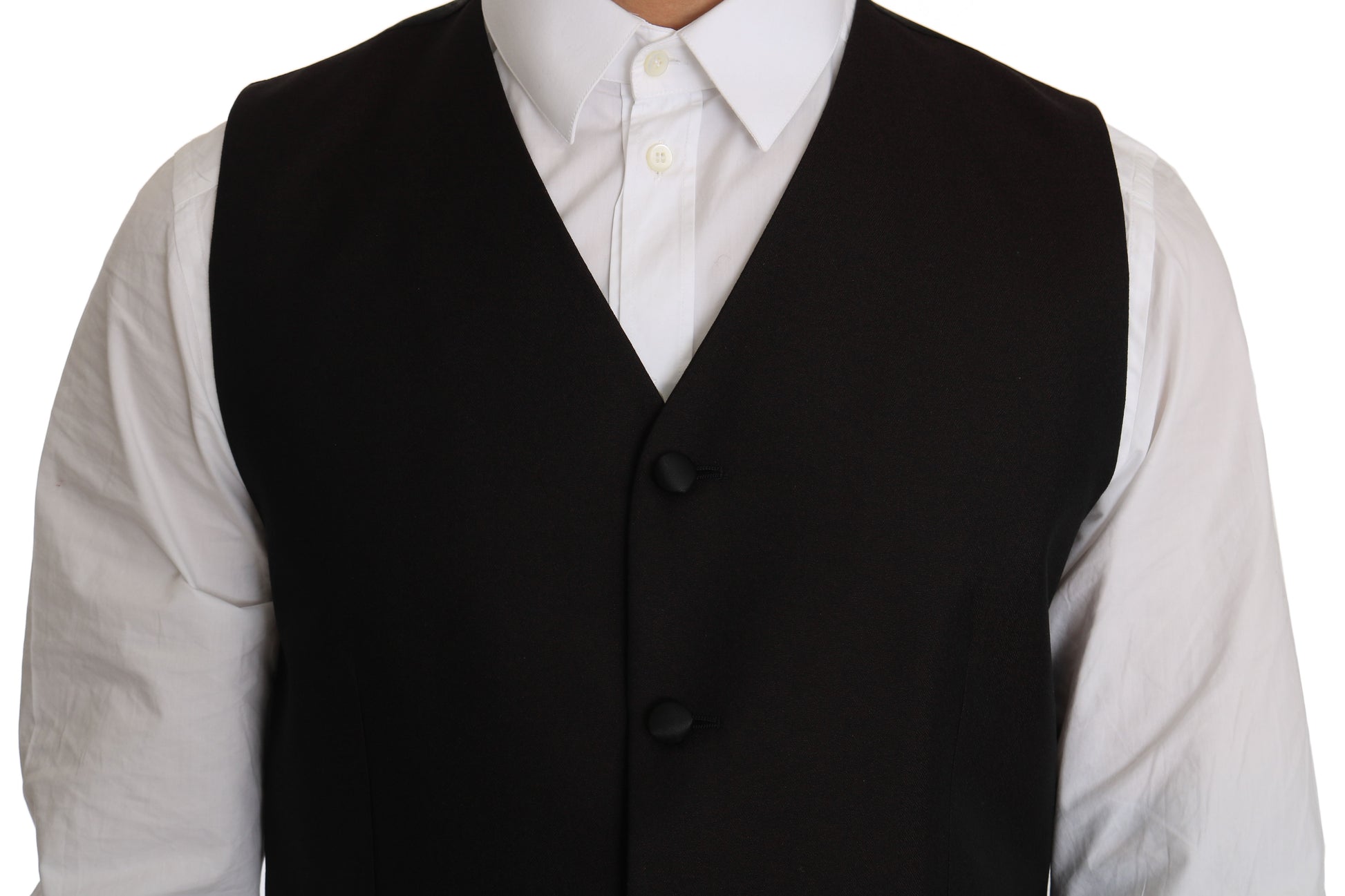 A black silk waistcoat with buttons and a vest design, part of a formal suit