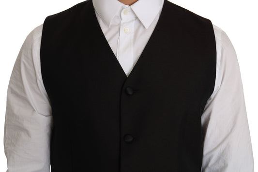 A black silk waistcoat with buttons and a vest design, part of a formal suit