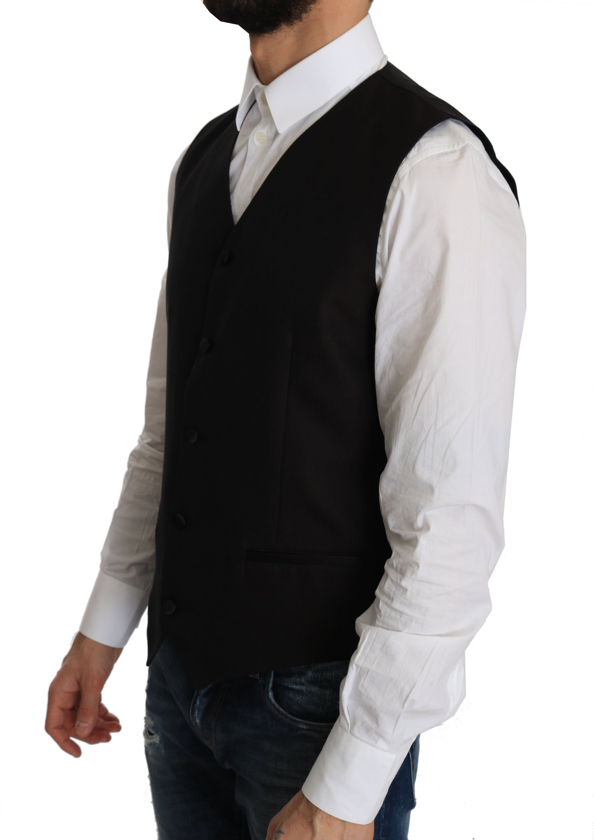 A black silk waistcoat with a shirt and jeans, worn by a mannequin
