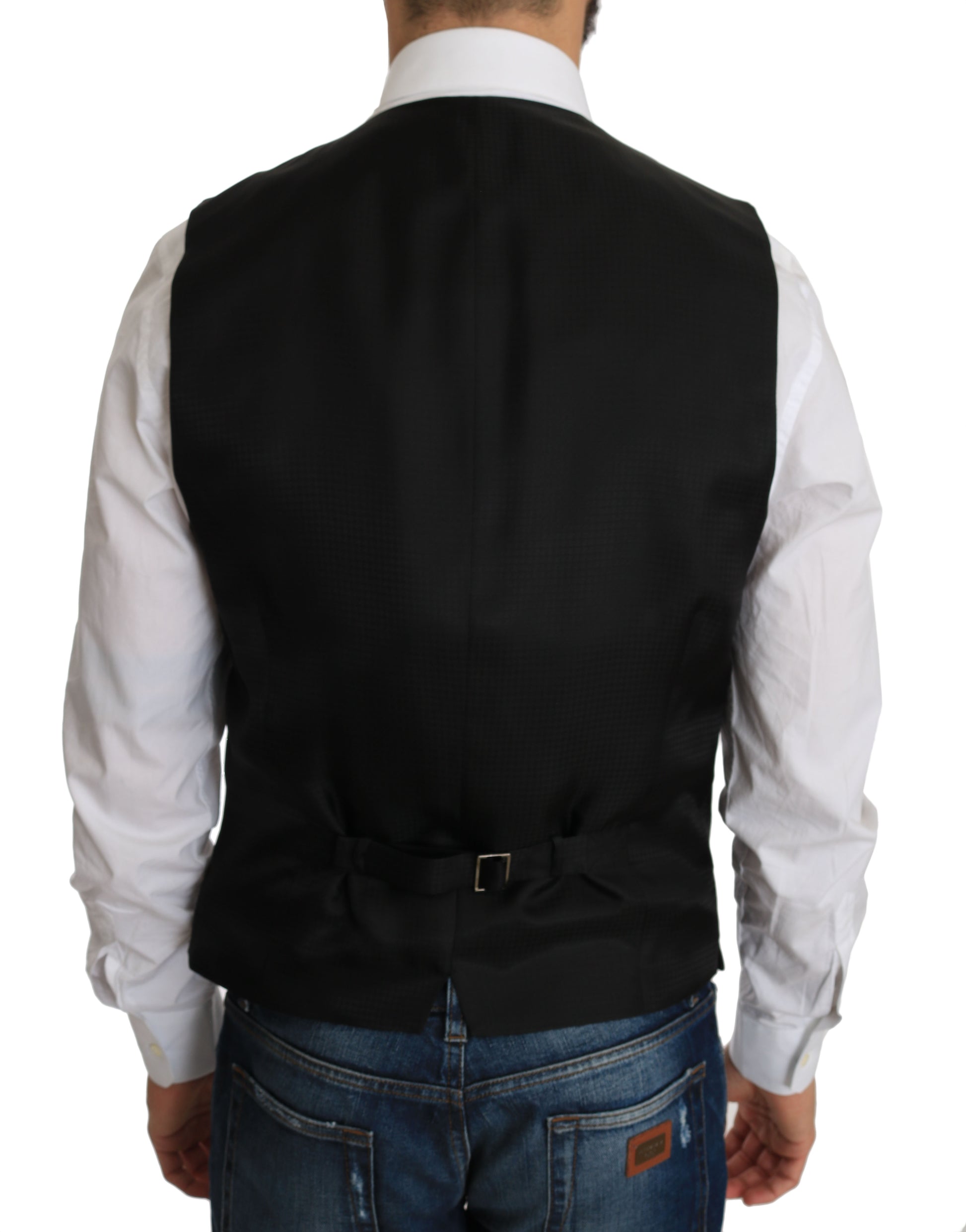 A black silk vest with a lapel collar, worn by a mannequin