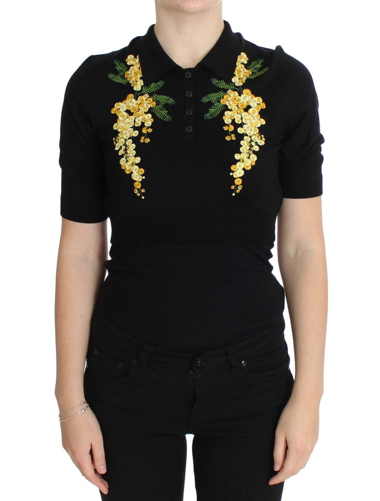Black polo shirt with yellow embroidery on shoulders