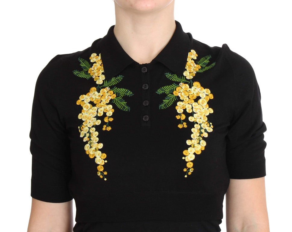 Black polo shirt with yellow embroidery on shoulders