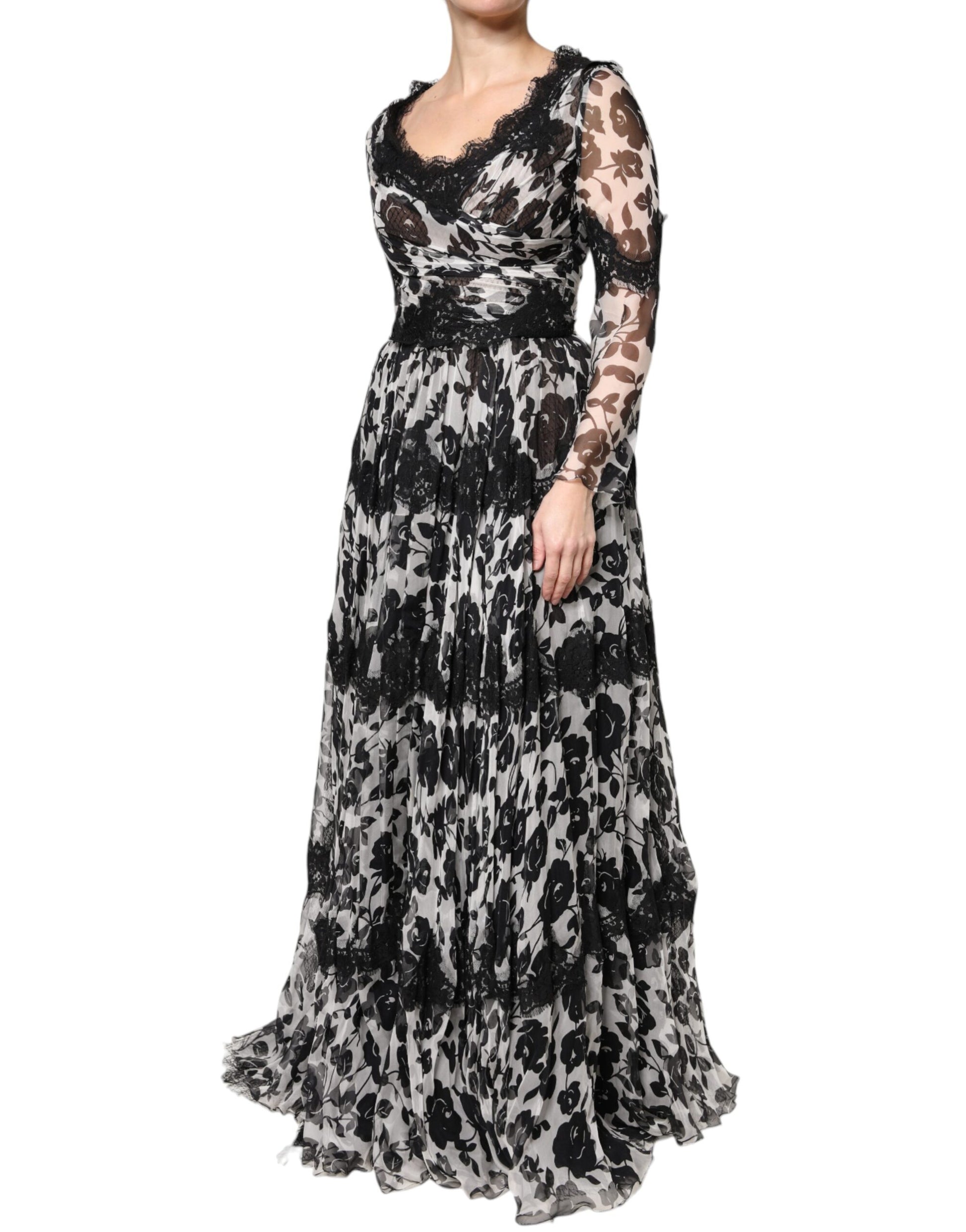 Long black dress with floral lace and ricamo detailing