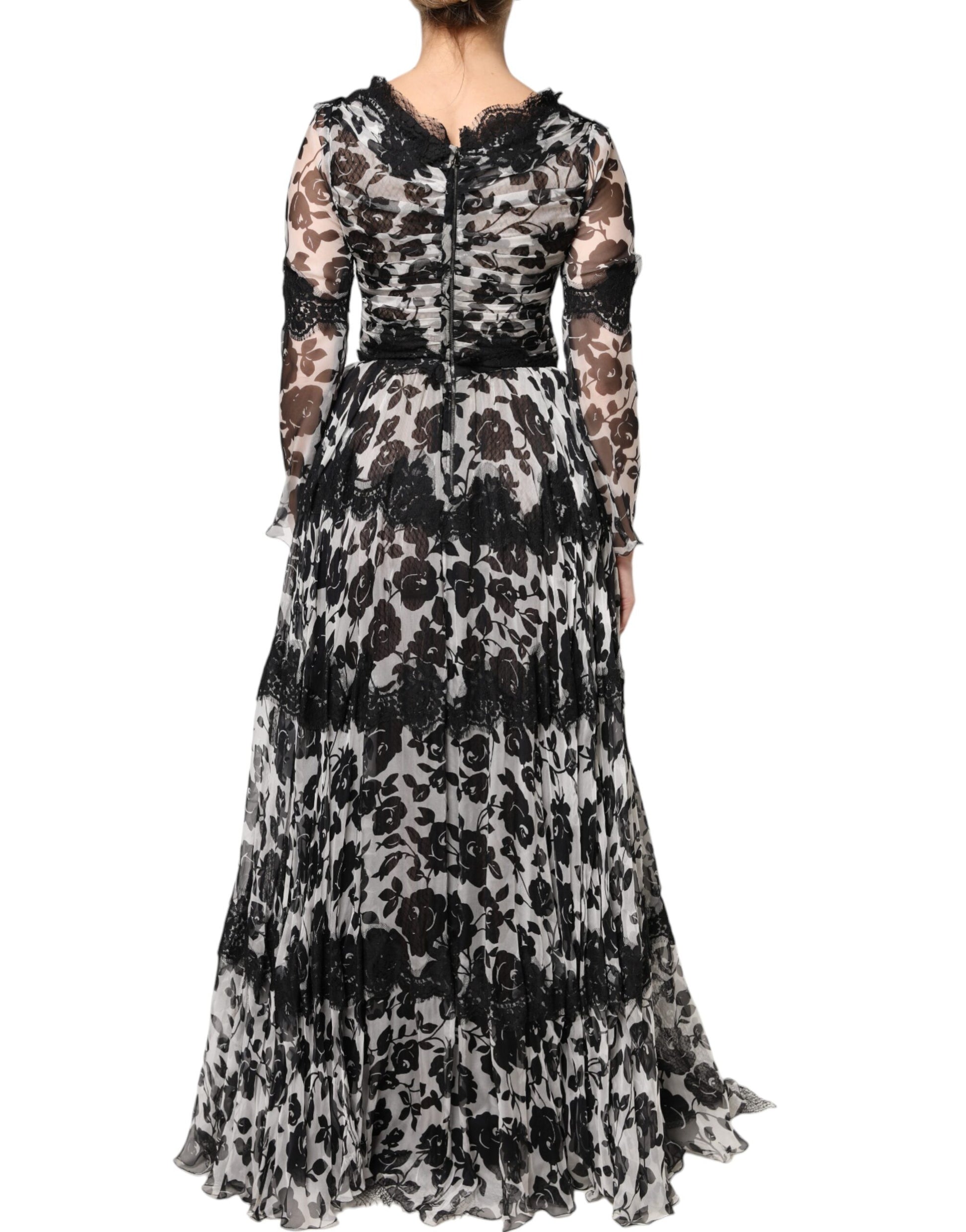 Long black lace dress with floral pattern and ricamo detailing