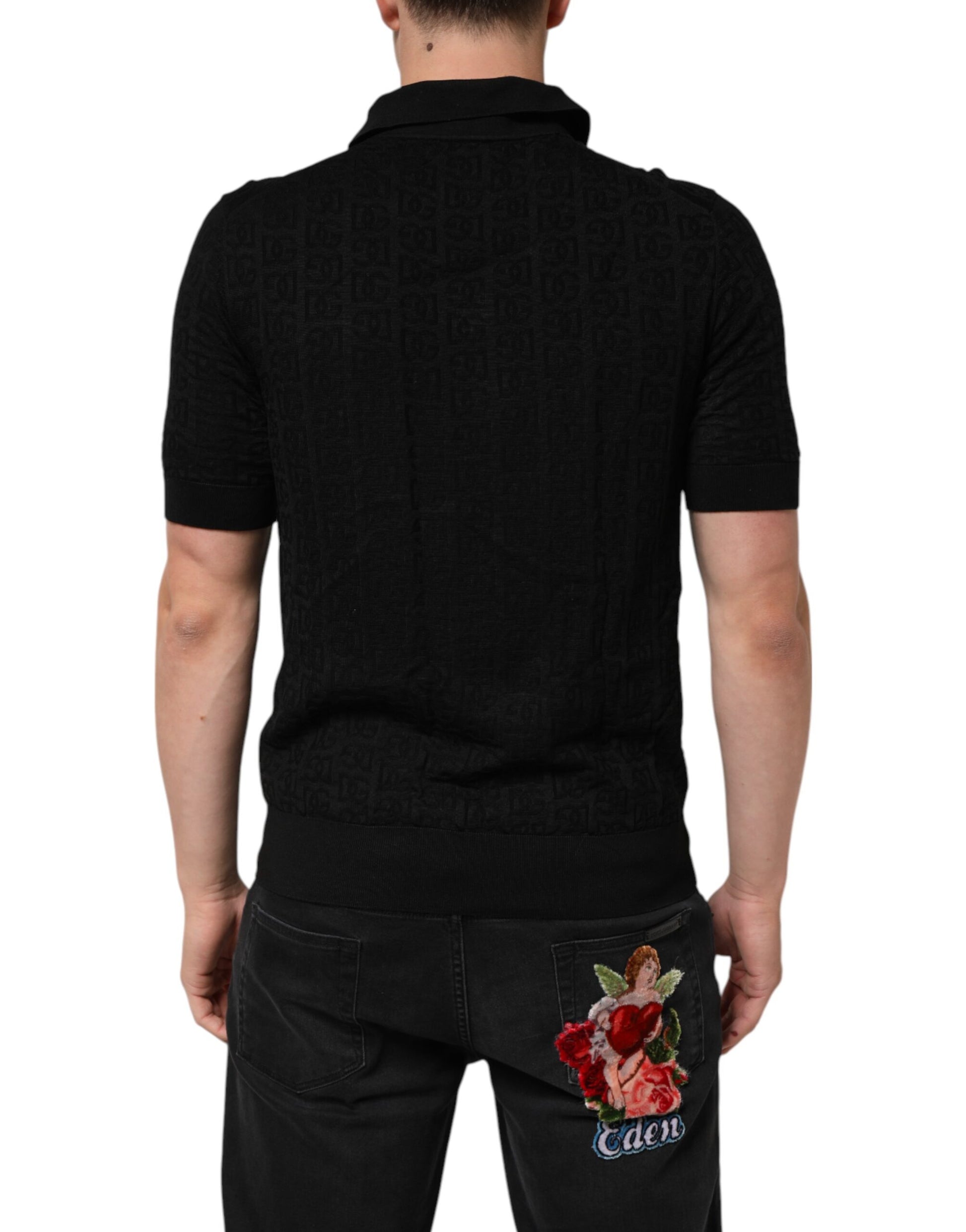 Black polo shirt with floral embroidery on back