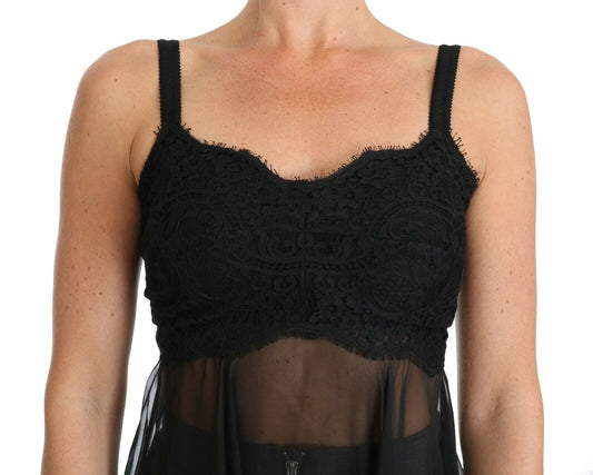A black lace dress with a sheer overlay, featuring intricate lace detailing