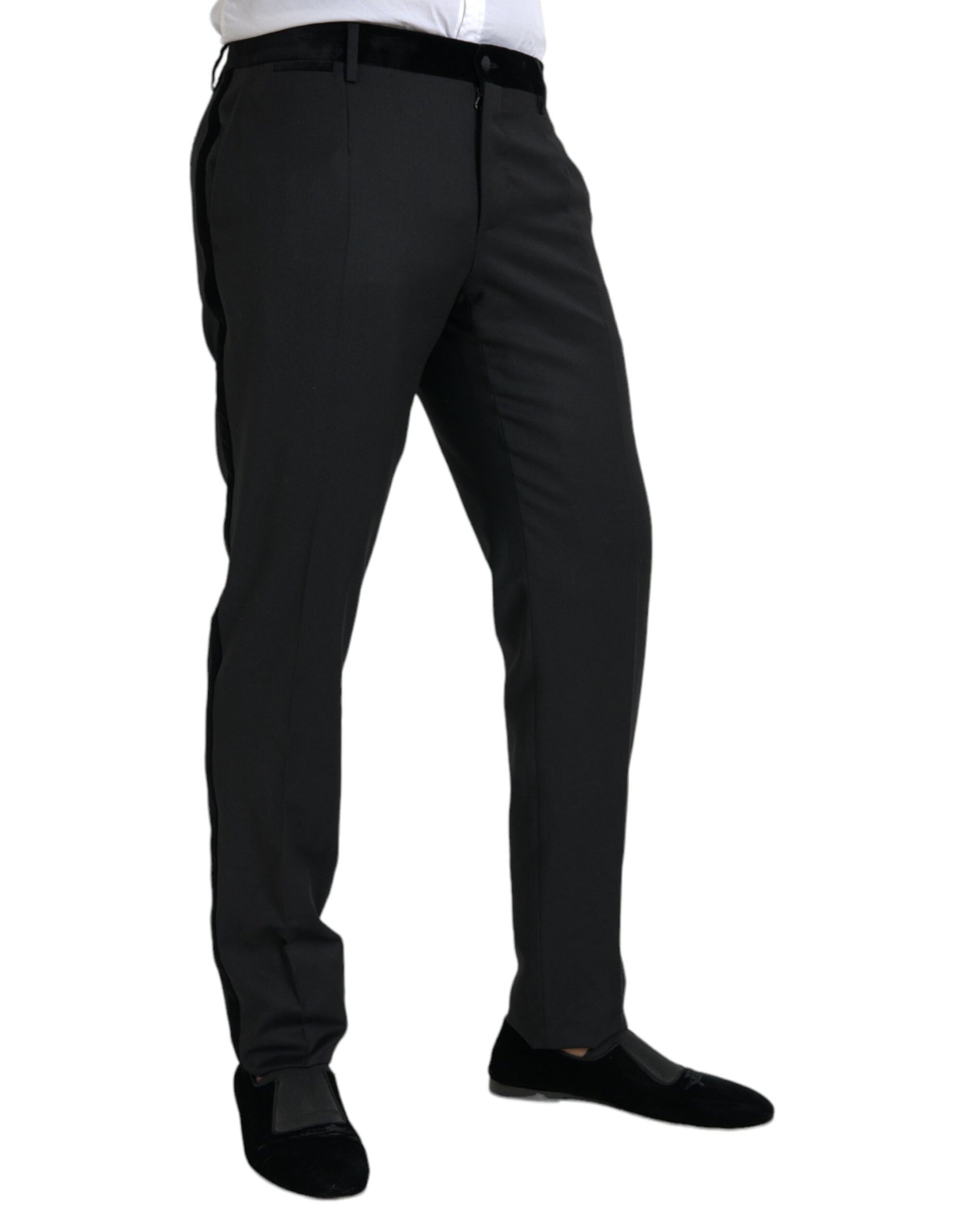 A pair of black silk men's skinny dress pants from the brand Dolce & Gabbana