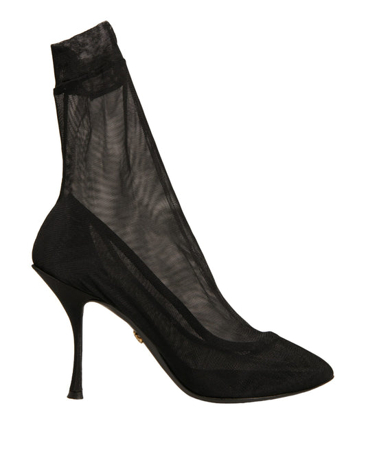 Black high heel boot with a fishnet texture
