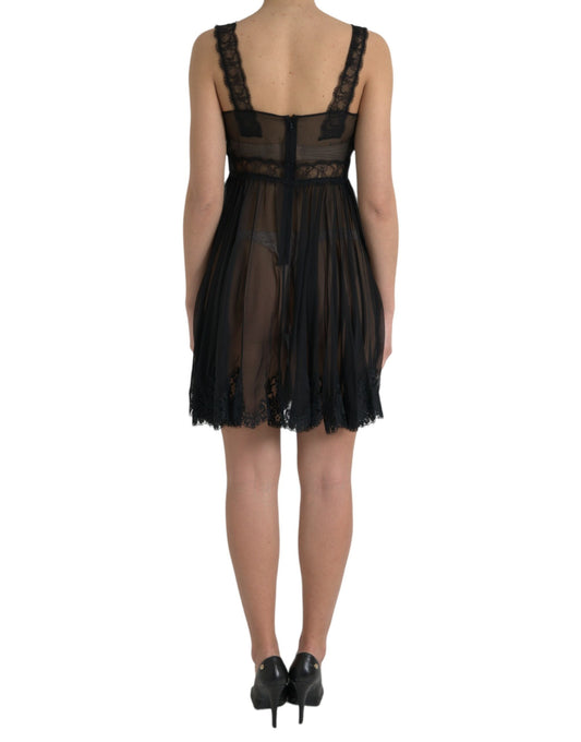 A black lace chiffon dress with pleats and a sheer back