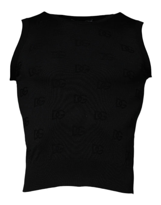 Black sleeveless top with patterned design