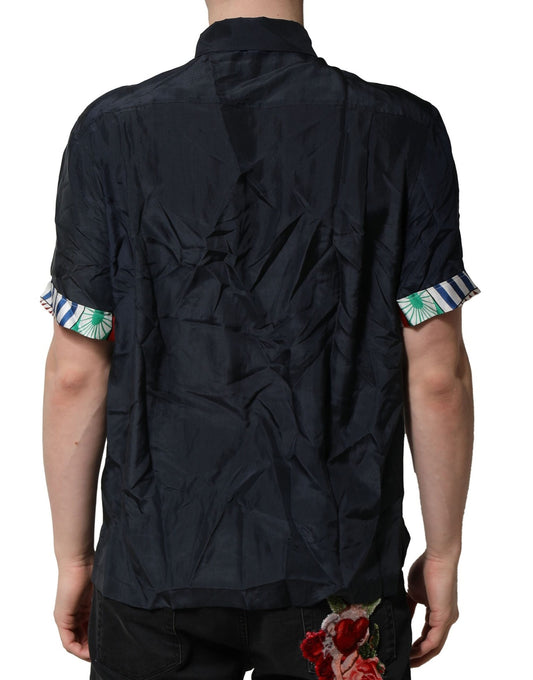 Black short sleeve shirt with floral pattern on cuffs