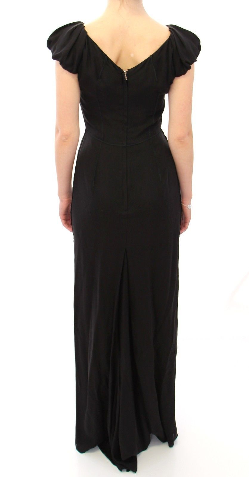 Black long sleeve dress with ruffles on back