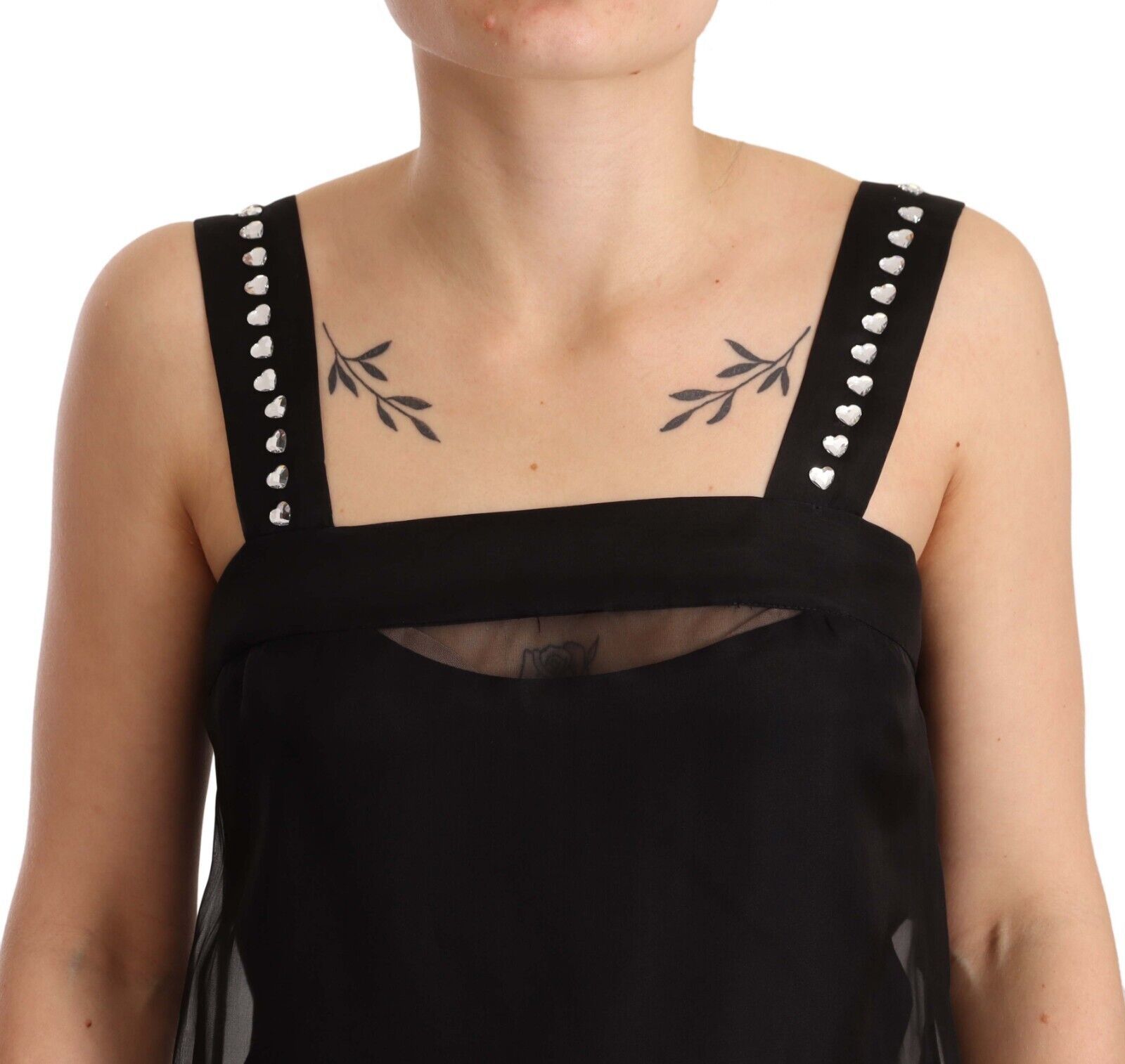 A black silk stretch crystal sheath mini dress with a scoop neckline